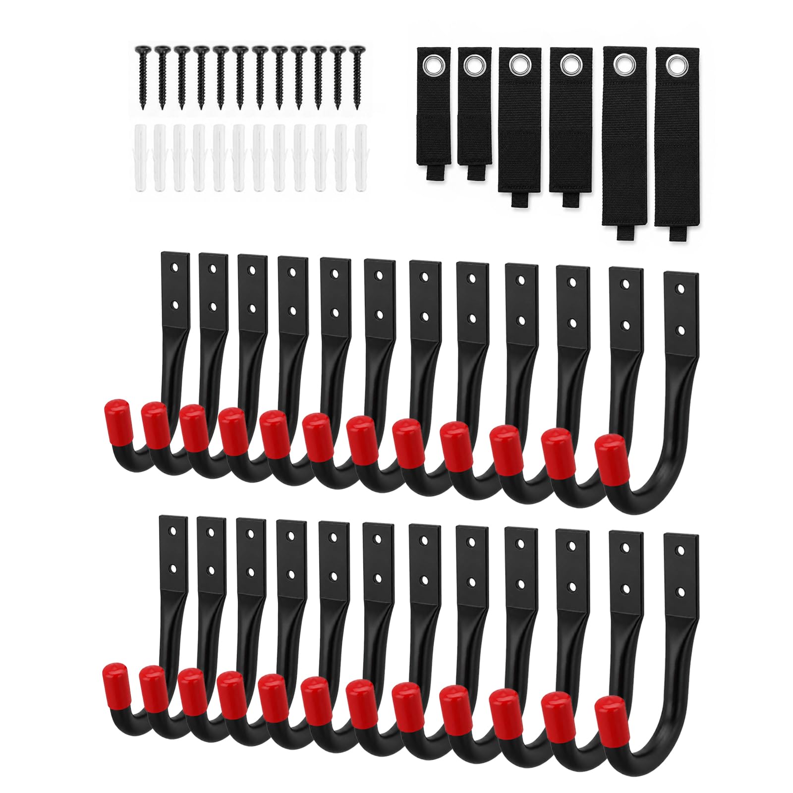 MOEPISY 30 Piece Garage Organization Kit with 24 Heavy Duty 3.5 Inch Steel J Hooks and 6 Storage Straps with EVA Caps for Tools Cords Bikes Ladders Hoses and Workshop Storage