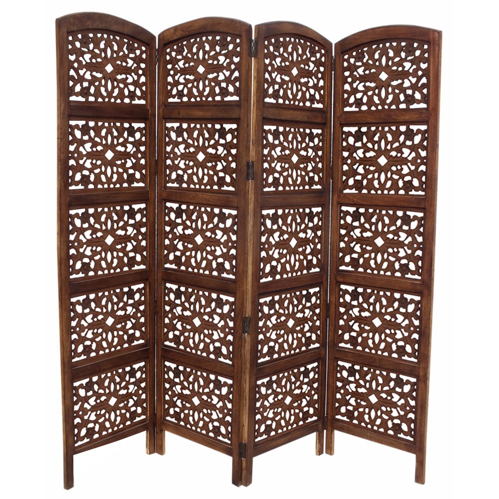 Benzara UPT-148948 4-Panel Brown Wood Folding Traditional Style Room Divider