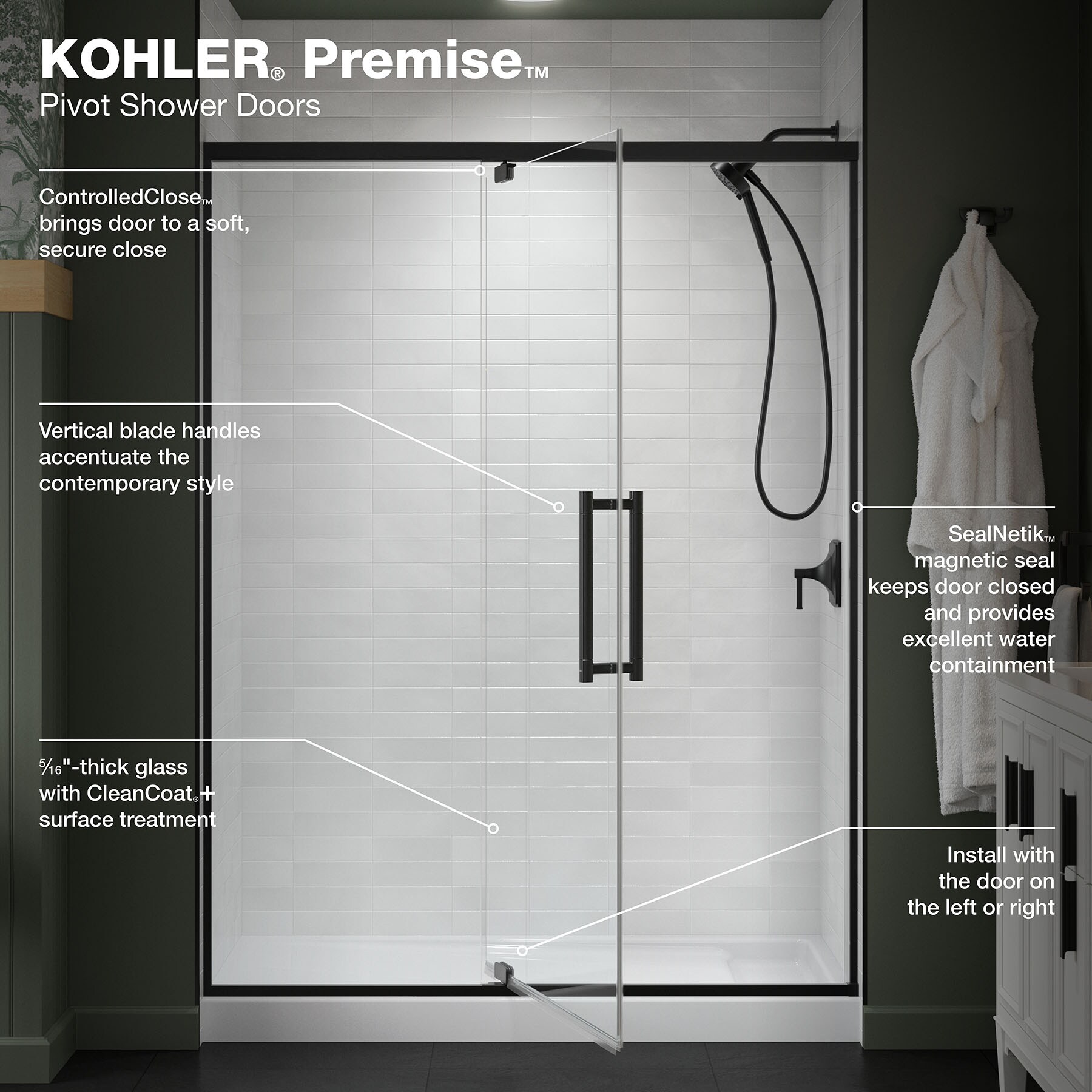 KOHLER Premise Matte Black 55-in to 60-in W x 76.06-in H Frameless ...