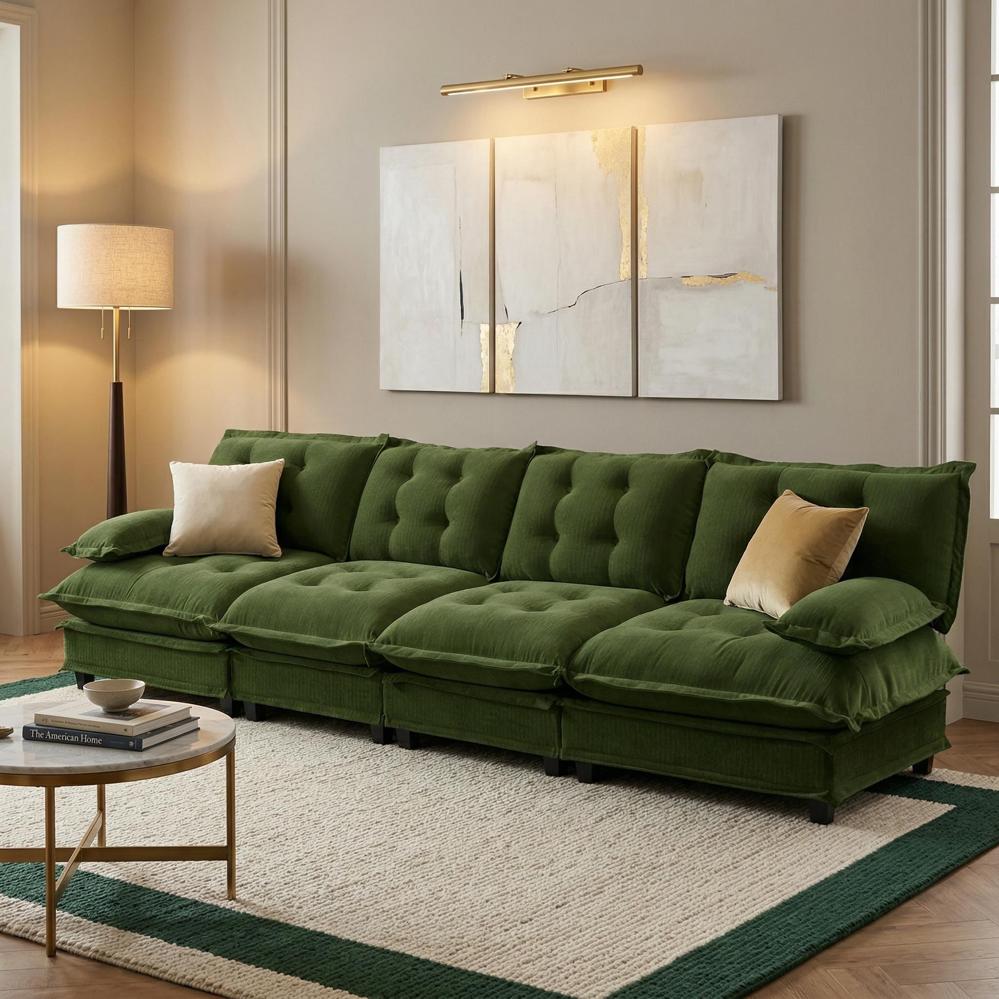 Homy Casa - CHILL 138-in W Modular Cloud Sofa 4-Seater Chenille Fabric Deep Seat Removable Cushio...
