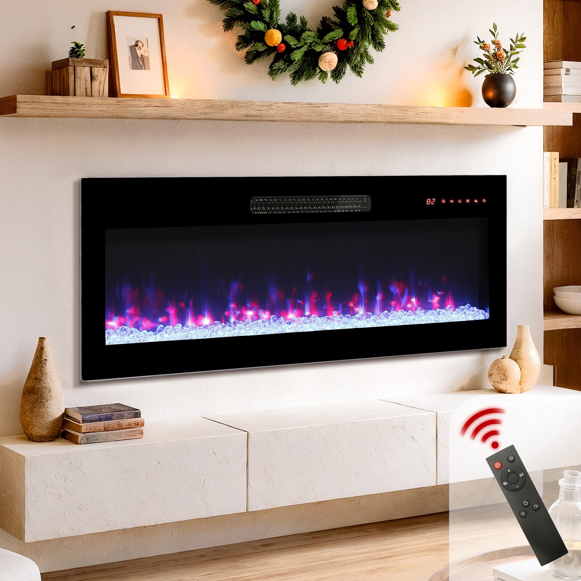 ToolCat 36 in recessed ultra th in tempered glass front wall mounted electric fireplace with remote and multi color flame  emberbed, LED light heater