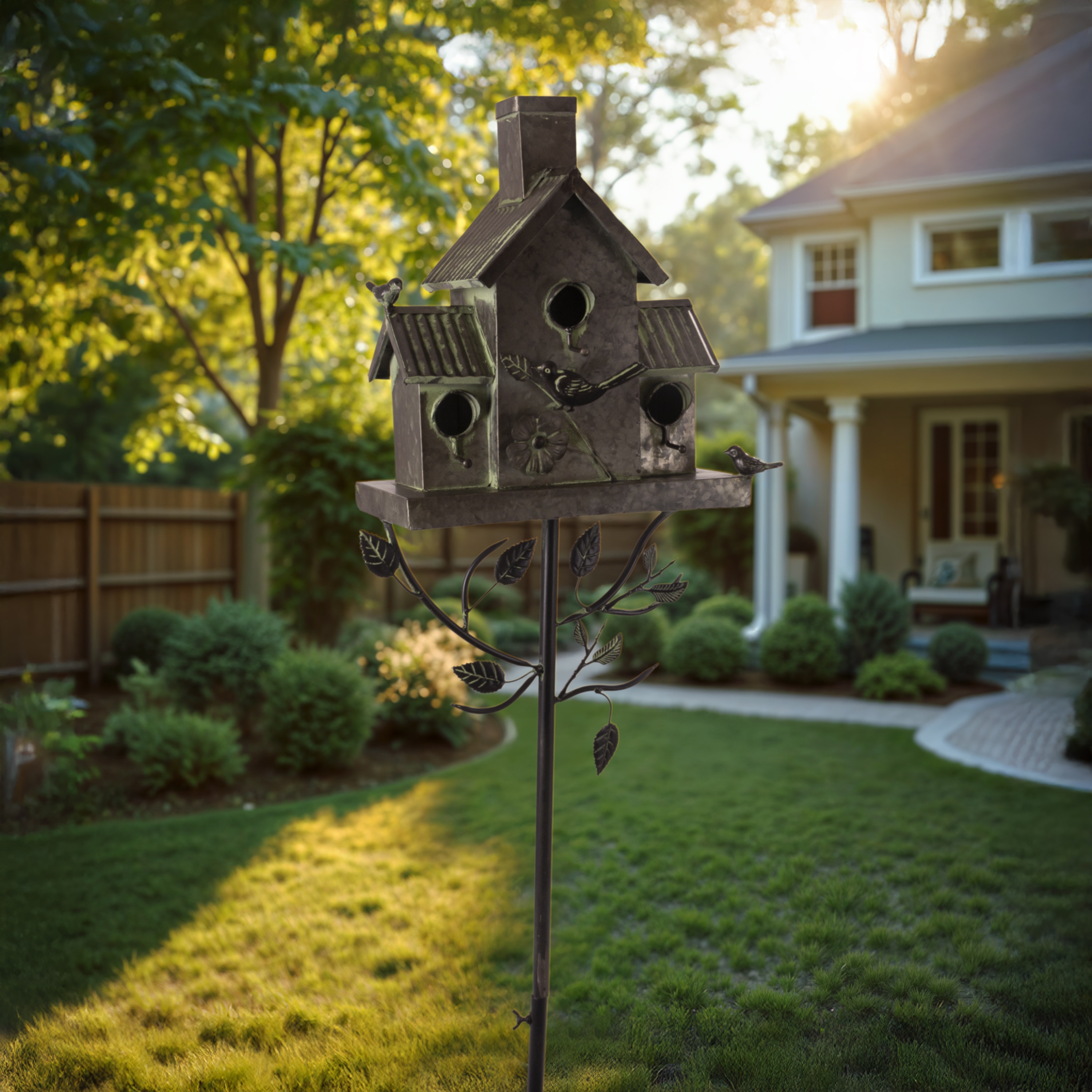 76 Inch Rustic Silver Metal Birdhouse Yard Stake