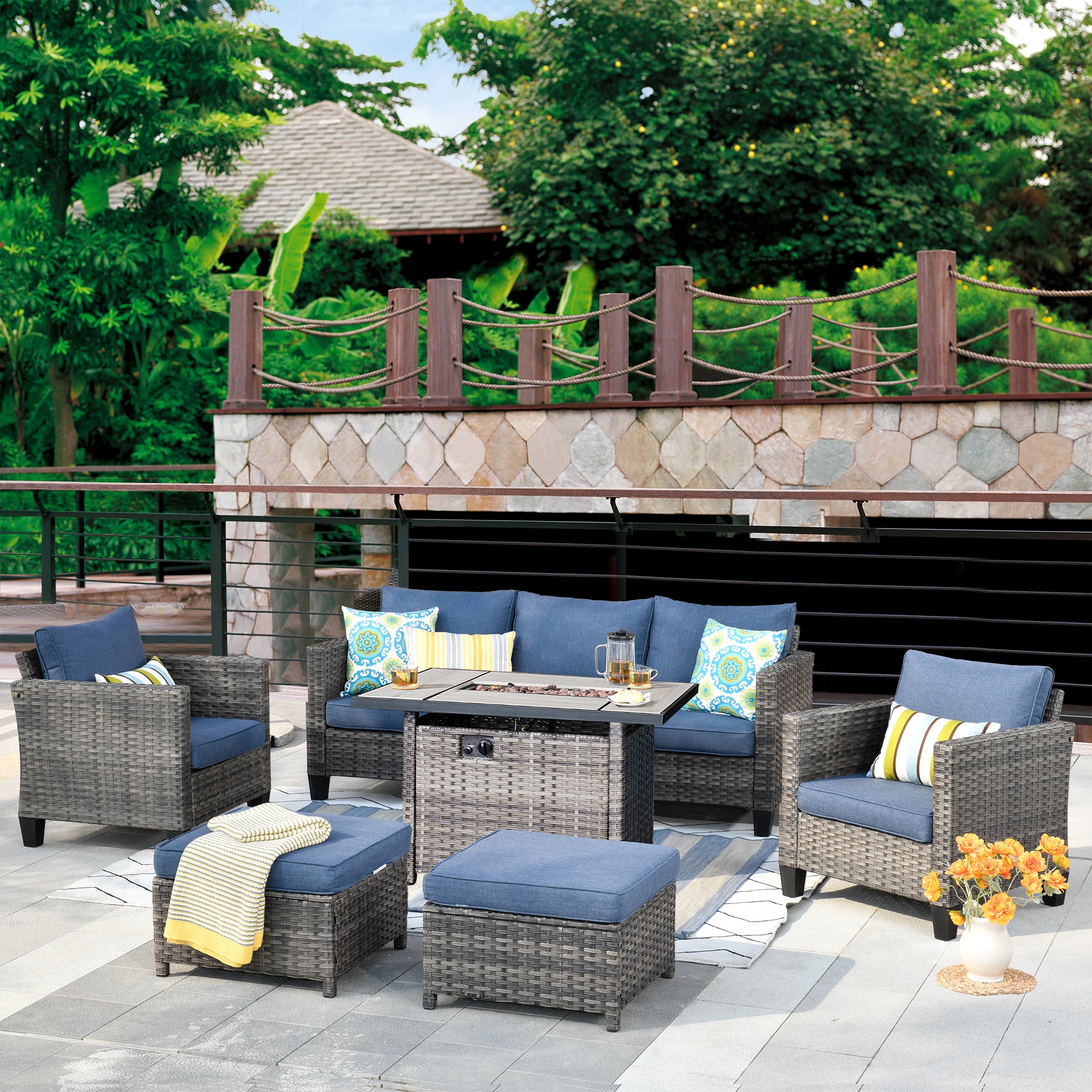 Pouuin SRFGRS300 6 -Piece Wicker Patio Sofa Conversation Set with Blue Cushions