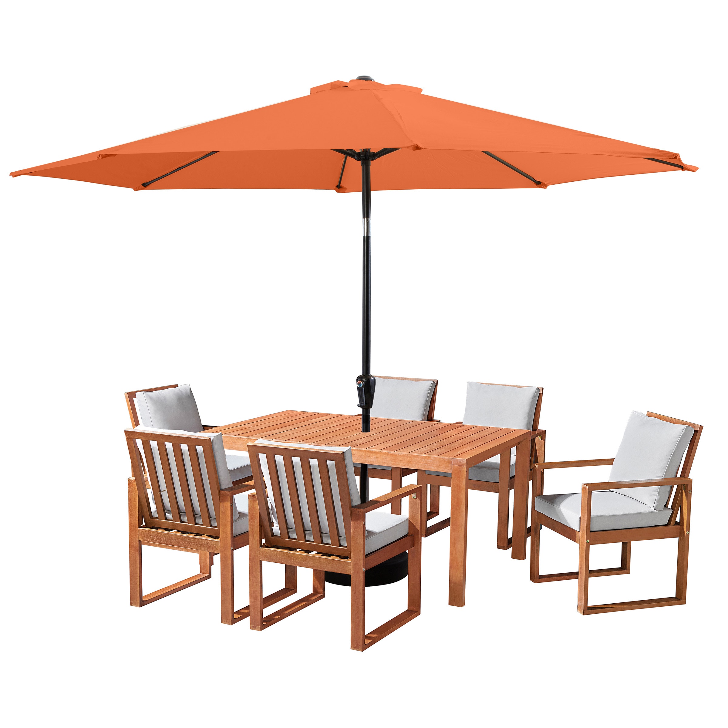 Alaterre Furniture ANWT03RD10S6 Weston 8 -Piece Natural Patio Dining Set Wood Rectangle Table with 6 Gray Cushions Stationary Chairs and Umbrella Included