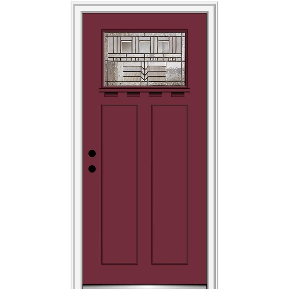 MMI DOOR ZZ3664308R 32-in x 80-in x 4-9/16-in Fiberglass Craftsman Right-hand inswing Burgundy Painted Prehung Front Door with Brickmould Insulating core