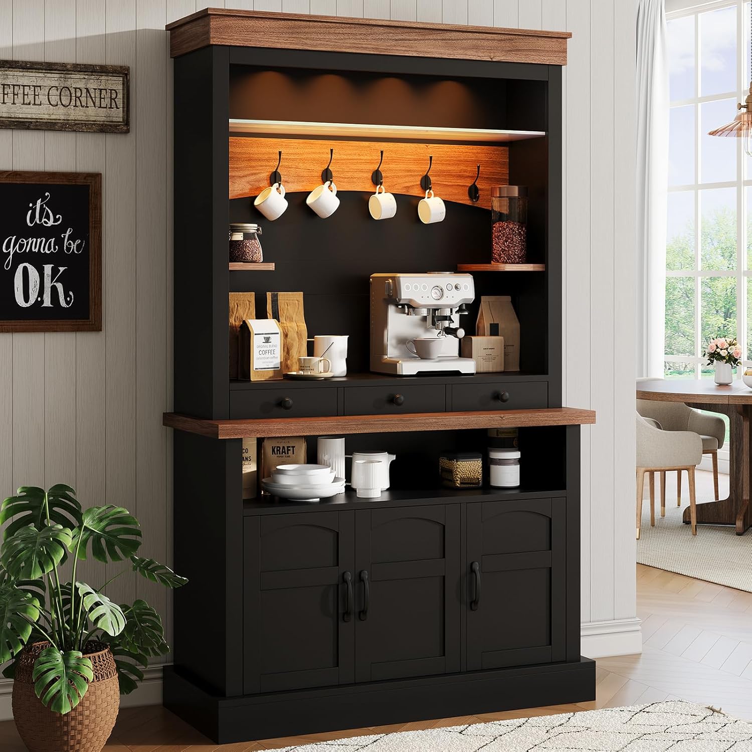 Qeetex LHF-CG-QBU60I006 Coffee Bar Cabinet with LED Light - 72 Inch Tall Farmhouse Coffee Bar Hutch with Storage - Sideboard Buffet Cabinet with Microwave Stand/Glass Shelf/6 Hooks/3 Drawers for Kitchen/Living Room/Dining Room - Black