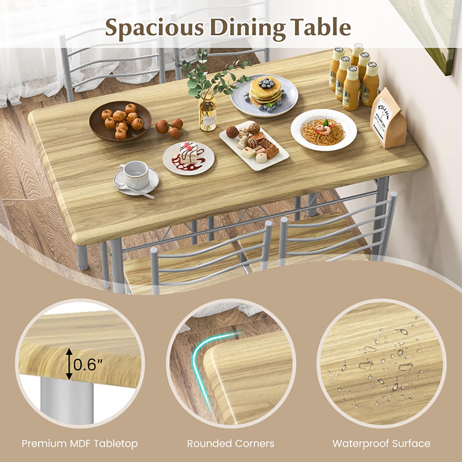 Walnut and Silver Metal 5-Piece Dining Set with MDF Chairs