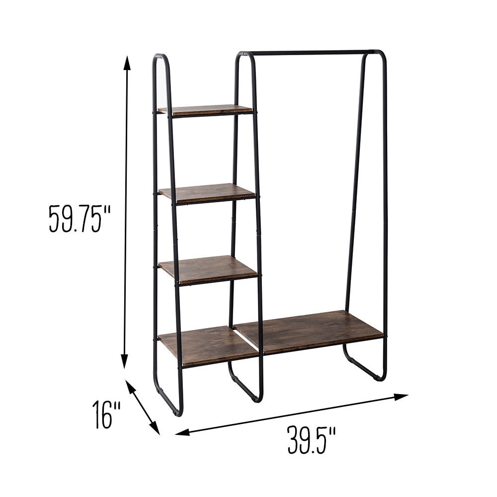 Black Industrial Garment Rack with Medium Wood Shelves