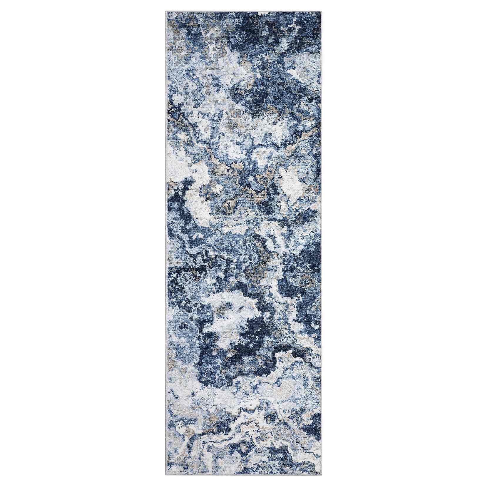 Qeetex LSN-PHK-34C9H3AS 2 x 6 ft Polyester Imitation Cashmere Blue Rectangular Hallway Bathroom Entryway Kitchen Office Foldable Flower Printed Modern Washable Area Rug