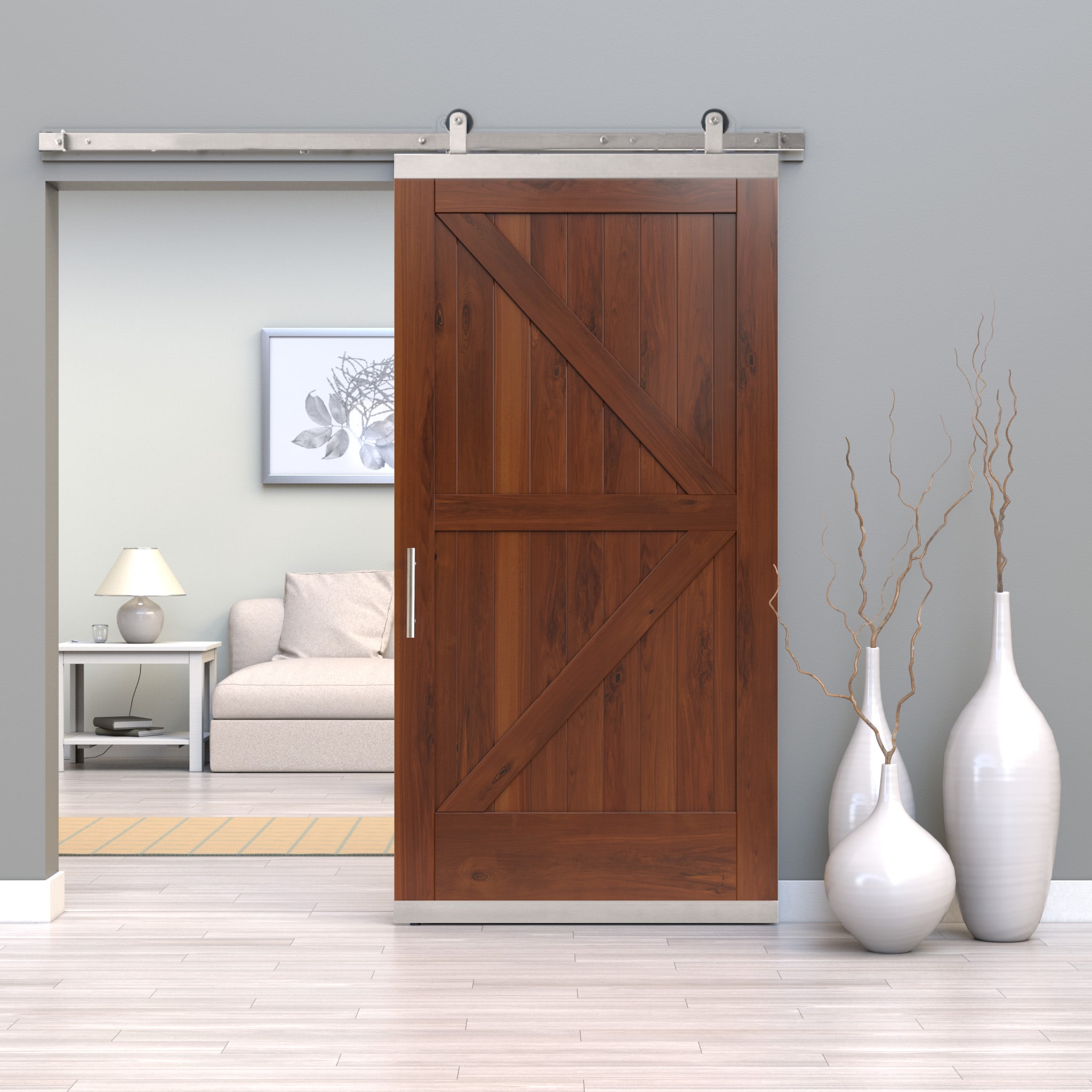 JELD-WEN LOWOLJW248700139 42-in x 80-in Chestnut K-frame Walnut Wood Solid core Single Barn Door (Hardware Included)