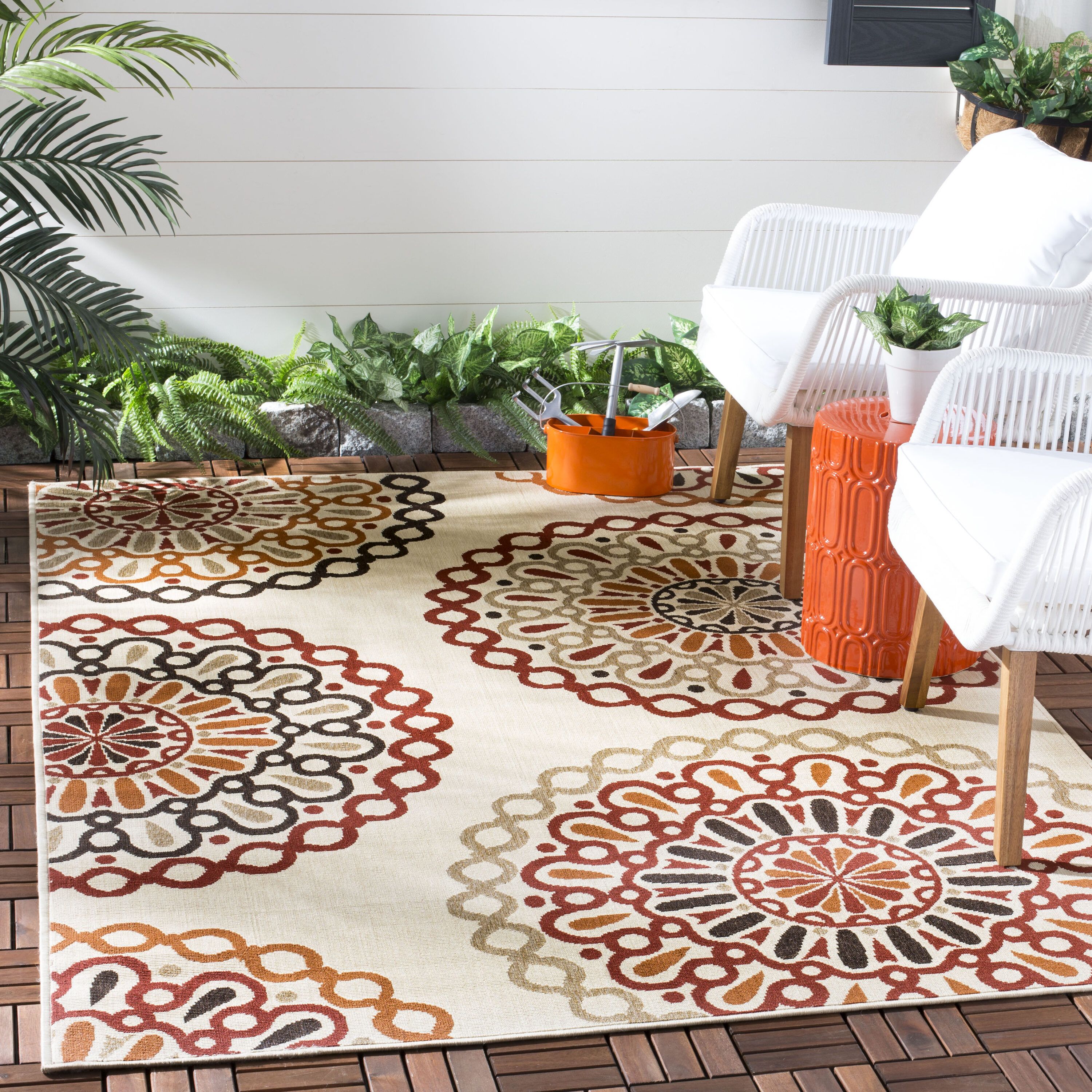 Safavieh VER092-0313-3SQ Veranda 3 x 3 (ft) Loomed Synthetic Creme/Red Square Indoor/Outdoor Floral Tropical Area rug