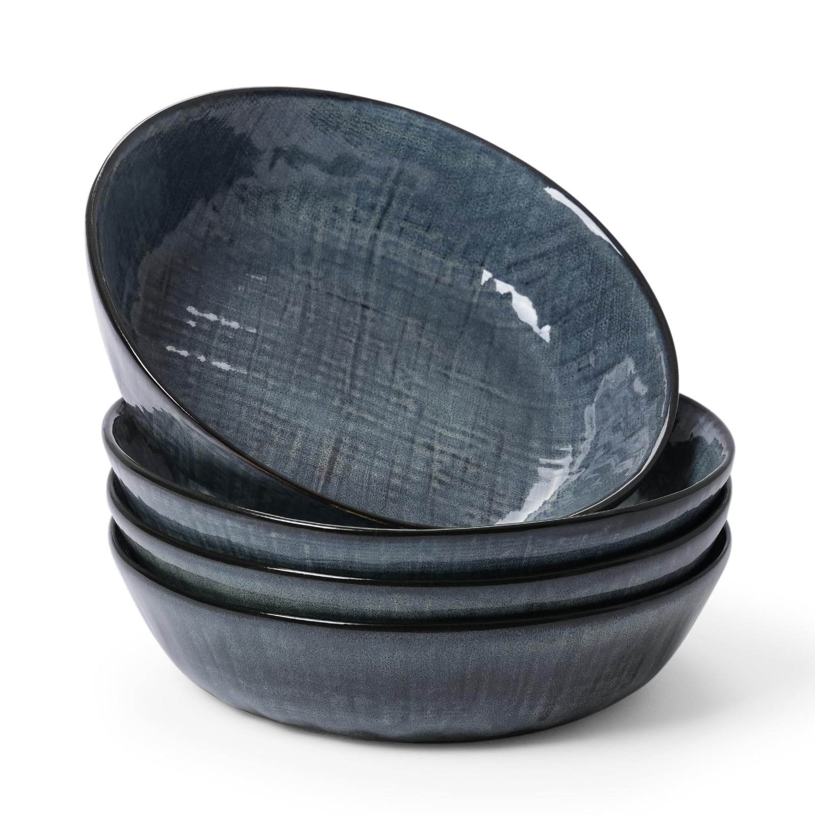 Aoibox  32 fl oz Dark Blue Stoneware Wide Pasta Salad Soup Serving Bowl Linen Finish Microwave Safe Set of 4