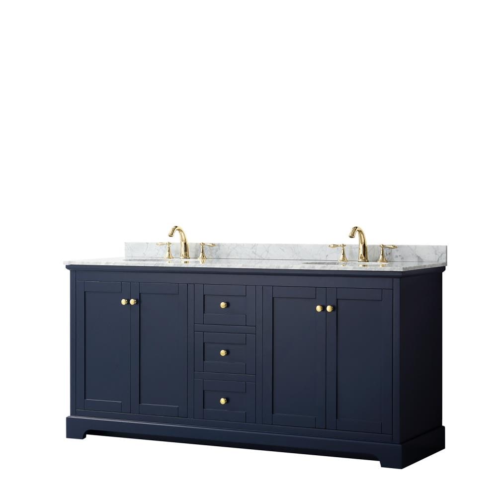 Wyndham Collection WCV232372DBLCMUNOMXX Avery 72-in Dark Blue with Brushed Gold Trim Undermount Double sink Bathroom Vanity with White Carrara Marble Natural marble Top