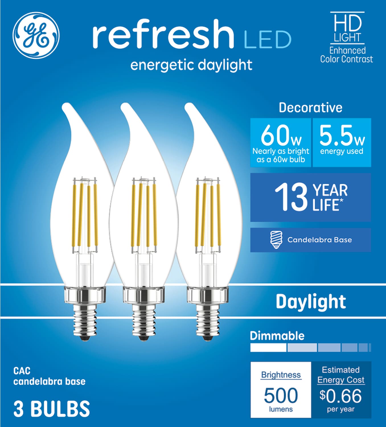 GE 93122167 Refresh HD 60 -Watt EQ CA11 Daylight Candelabra base (E-12) Dimmable LED Decorative Light Bulb 3 -Pack