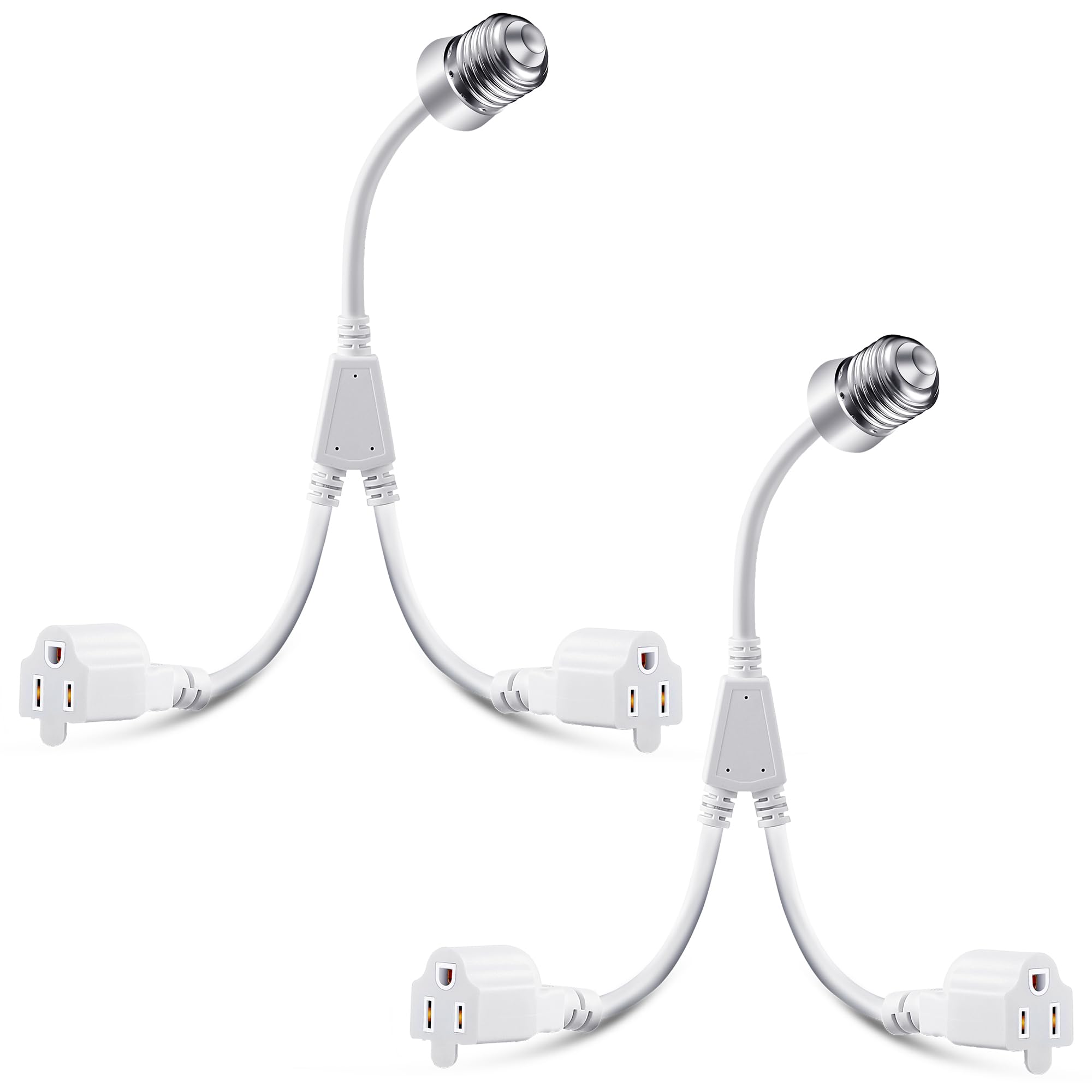 Aoibox  E26 E27 Light Socket to Dual 3 Prong Outlet Adapter with 4 in Flexible Extension Cords White 2 Pack