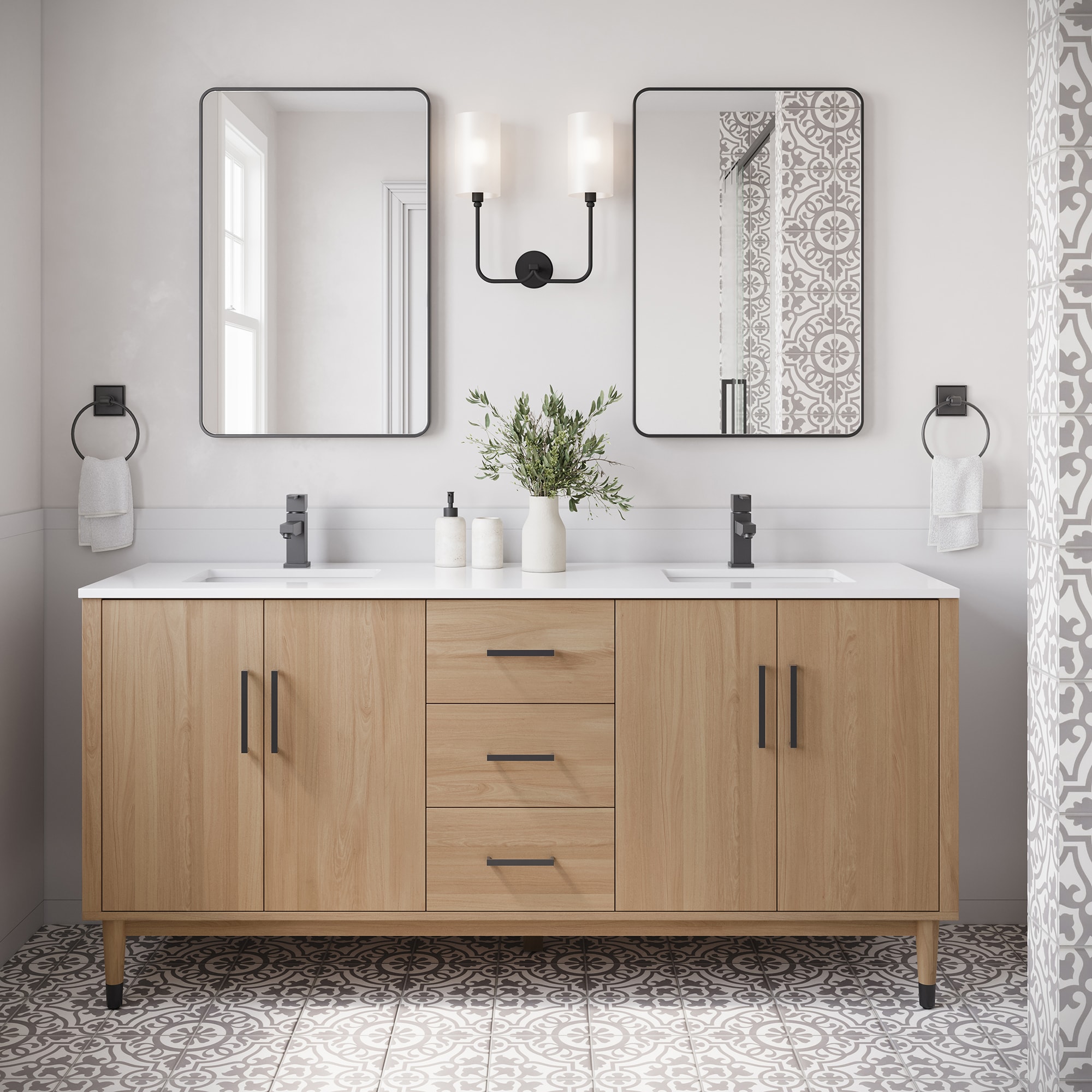 Fresca FCB4472SOAK-CWH-U Sawyer 72-in Sunburst Oak Undermount Double sink Bathroom Vanity with White Quartz Top
