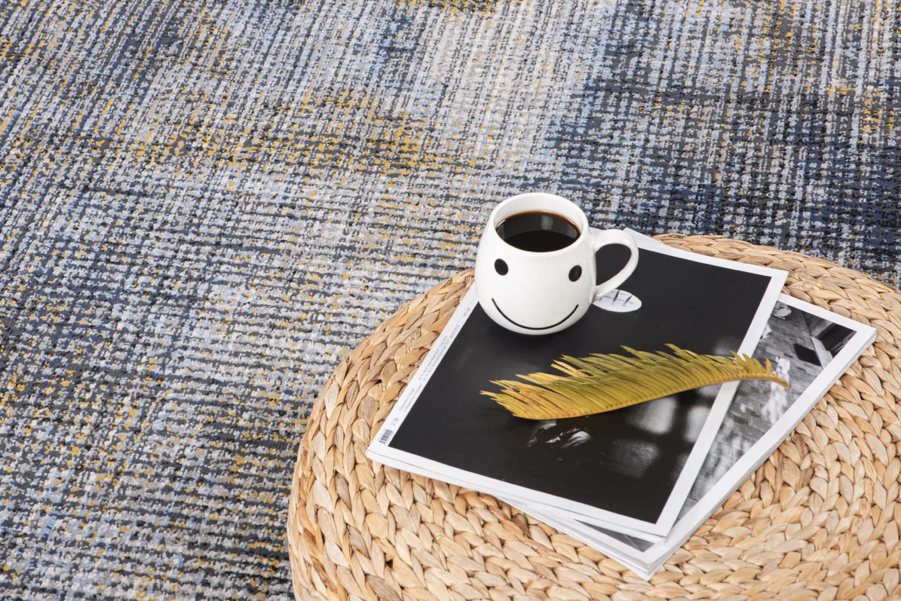 Lela Collection Gold and Blue Abstract Polyester Rug 5'2" x 7'5"
