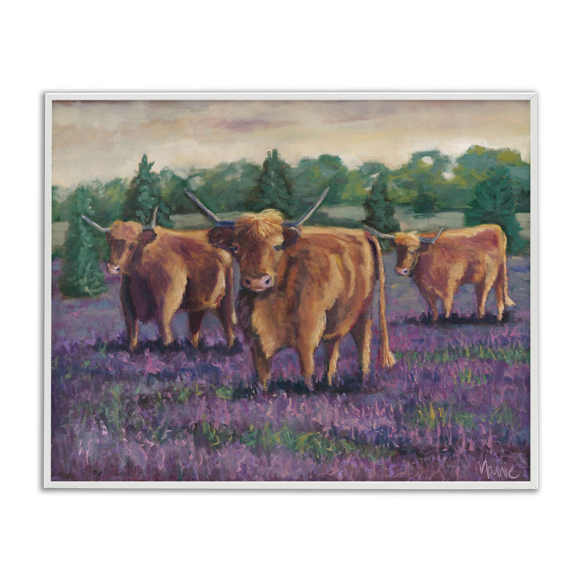 Stupell Industries - Purple Fields Cows White Framed Giclee Art 20 x 16