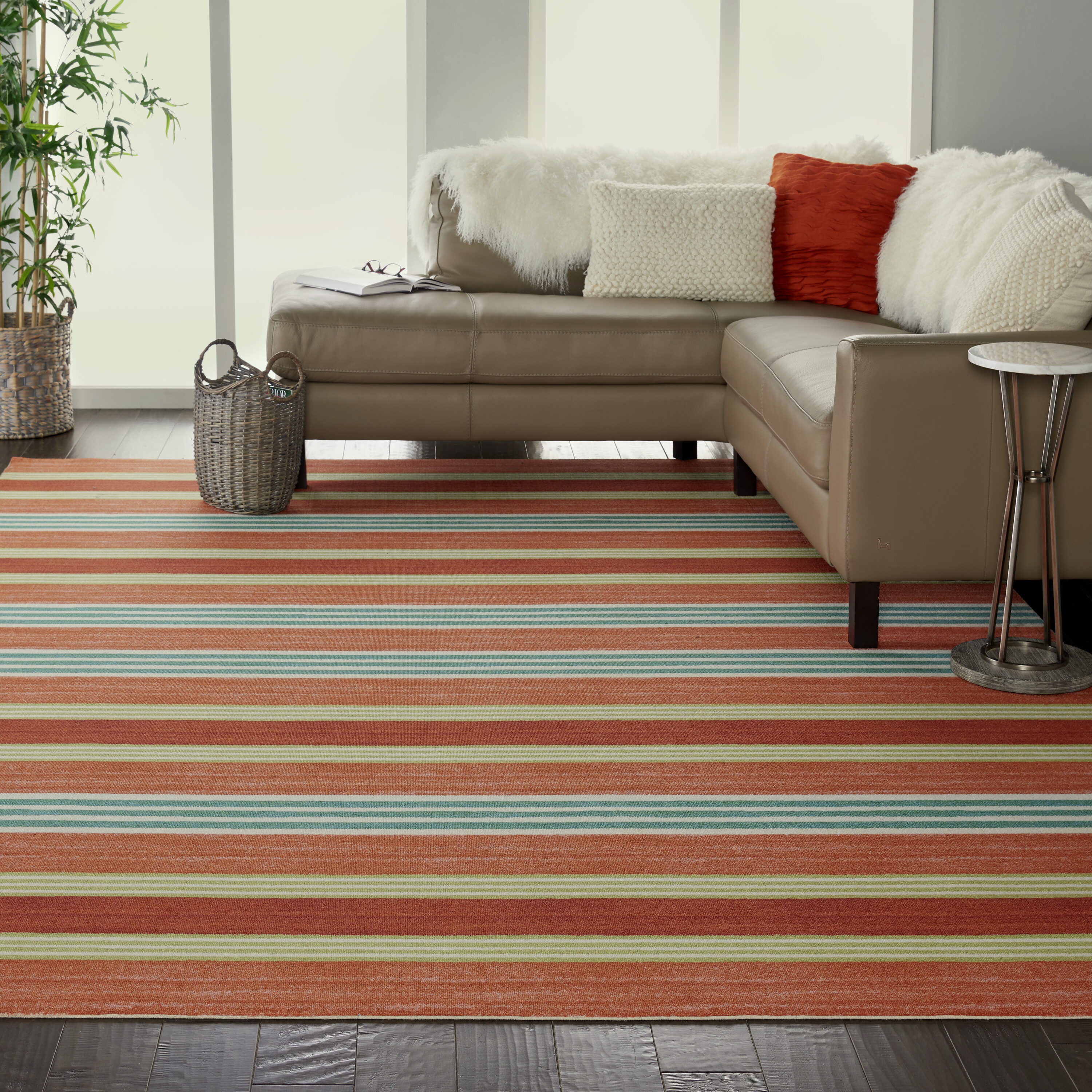 Nourison 99446476142 Sun N' Shade 10 x 13 (ft) Loomed Polyester Orange Rectangular Indoor/Outdoor Stripe Area rug