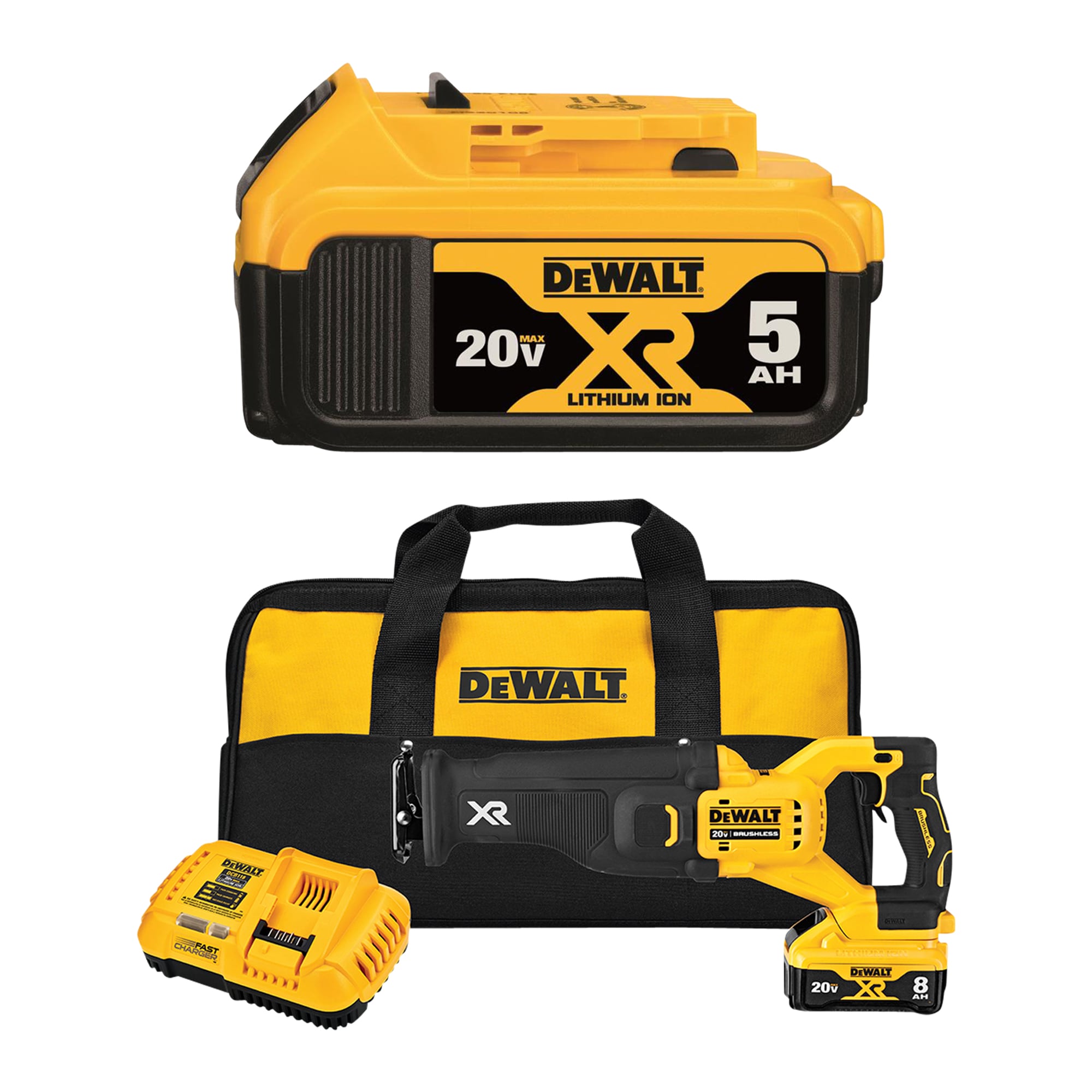 DEWALT XR 20-Volt Max 5 Amp-Hour Lithium Power Tool Battery & XR POWER DETECT 20-volt Max Variable Speed Brushless Cordless Reciprocating Saw