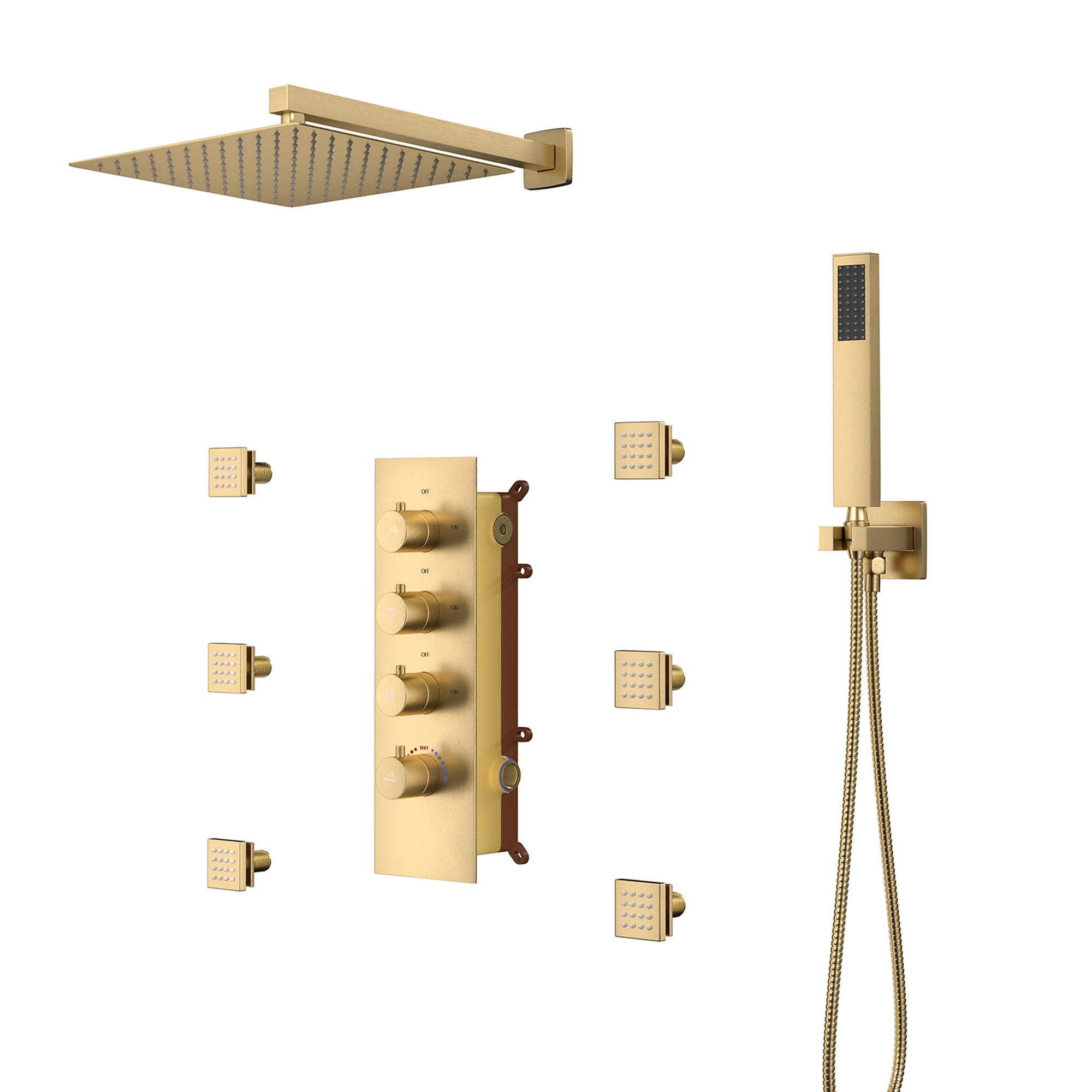 Brushed Gold Thermostatic Wall Mounted Rainfall Shower System with Body Jets
