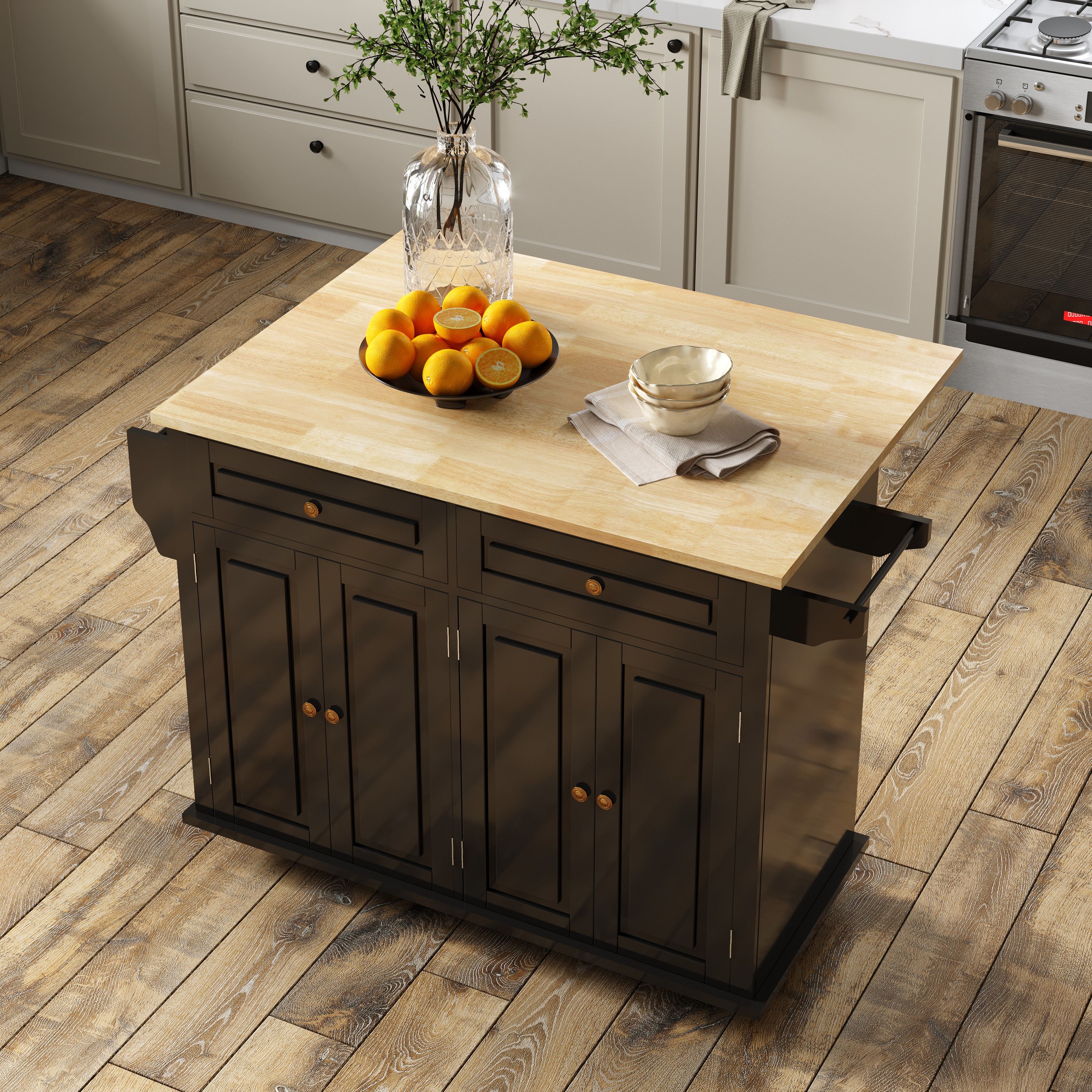 Bvldfamly LUMBA Black Composite Base with MDF Rolling Kitchen Island ( 17.7-in x 51.2-in x 35.8-in )
