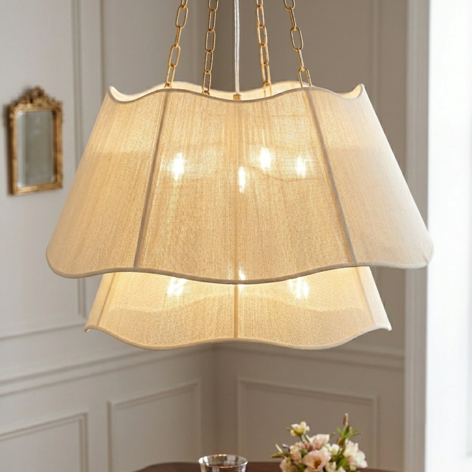 Rennnsan Holden Double Layer Wavy Drum 6 -Light Brass Fabric Metal Chandelier