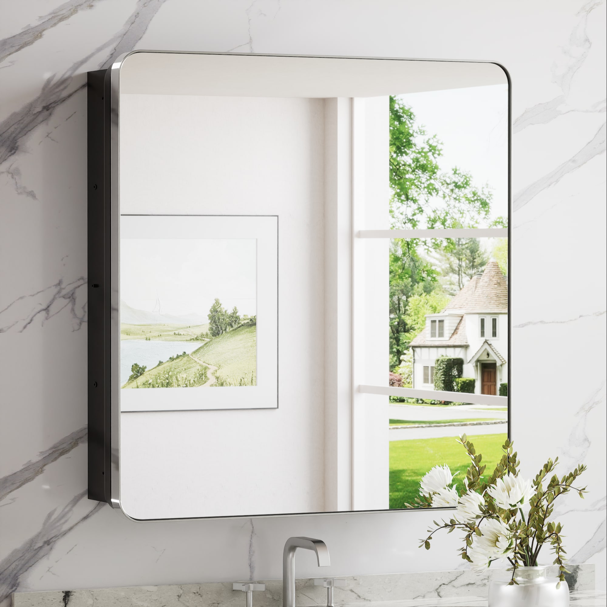 Keonjinn LW-JSKJG-YJ-7681CH 30-in x 32-in Surface/Recessed Mount Chrome Mirrored Rectangle Soft Close Medicine Cabinet