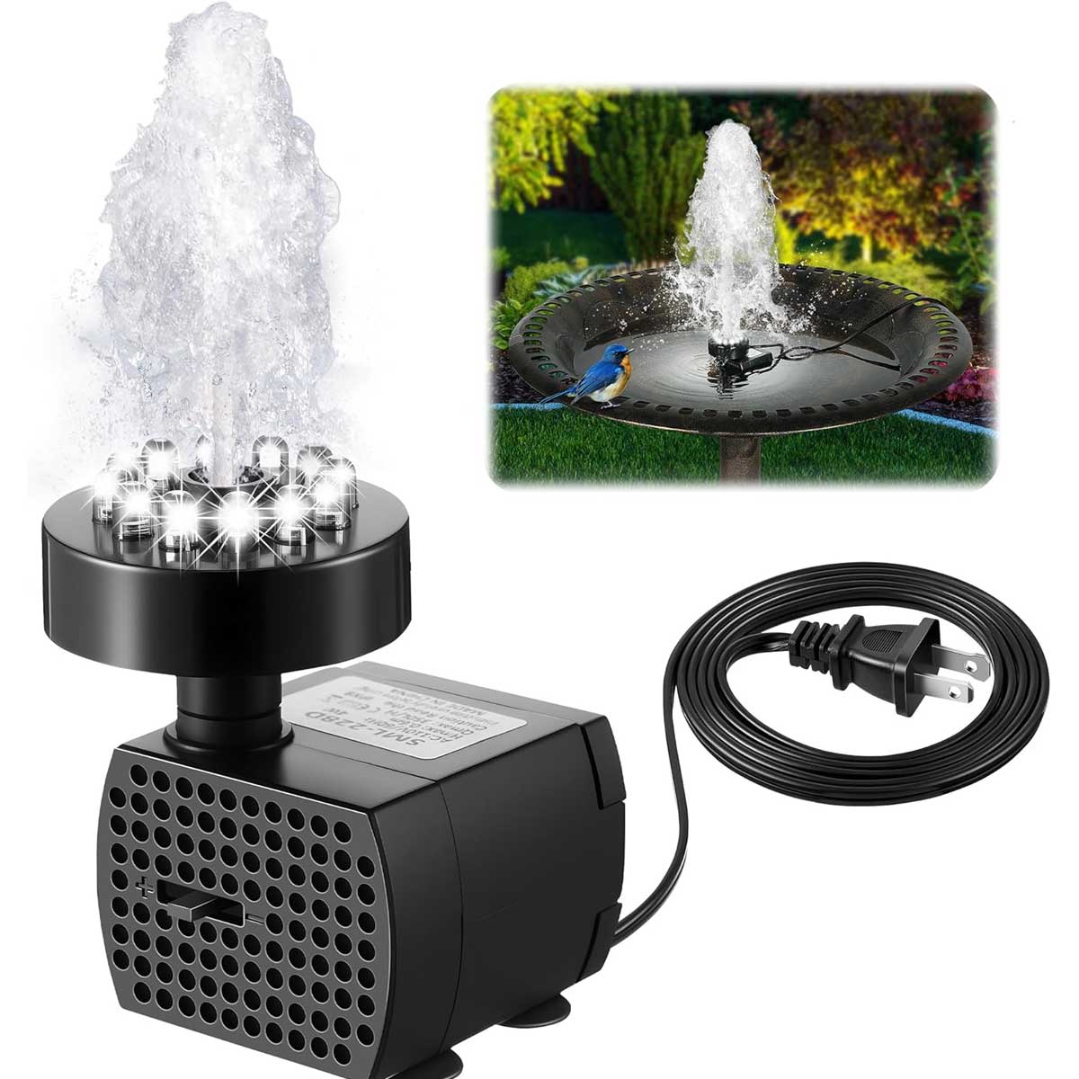 Aoibox LABAP2913 24 Hour Working Fountain Pump with 12 LED Lights Adjustable Water Flow for Garden Pond Bird Bath Outdoor Water Features