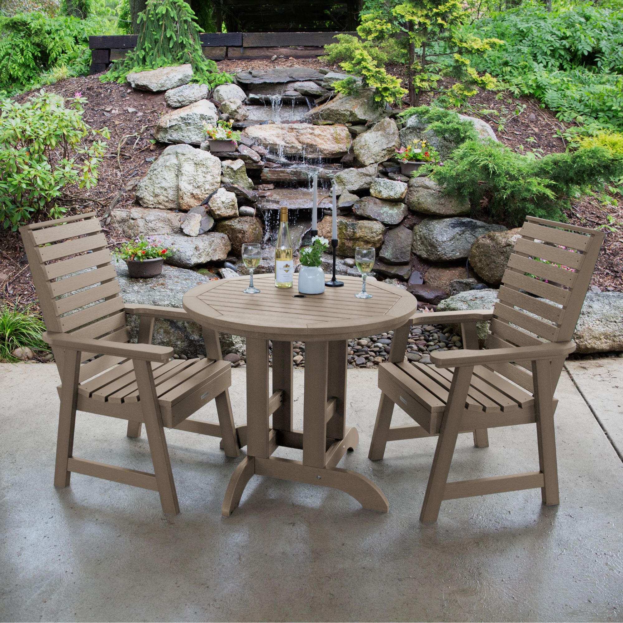 highwood AD-DNW36-WBR Weatherly 3 -Piece Woodland Brown Patio Dining Set Plastic Round Table with 2 Stationary Chairs