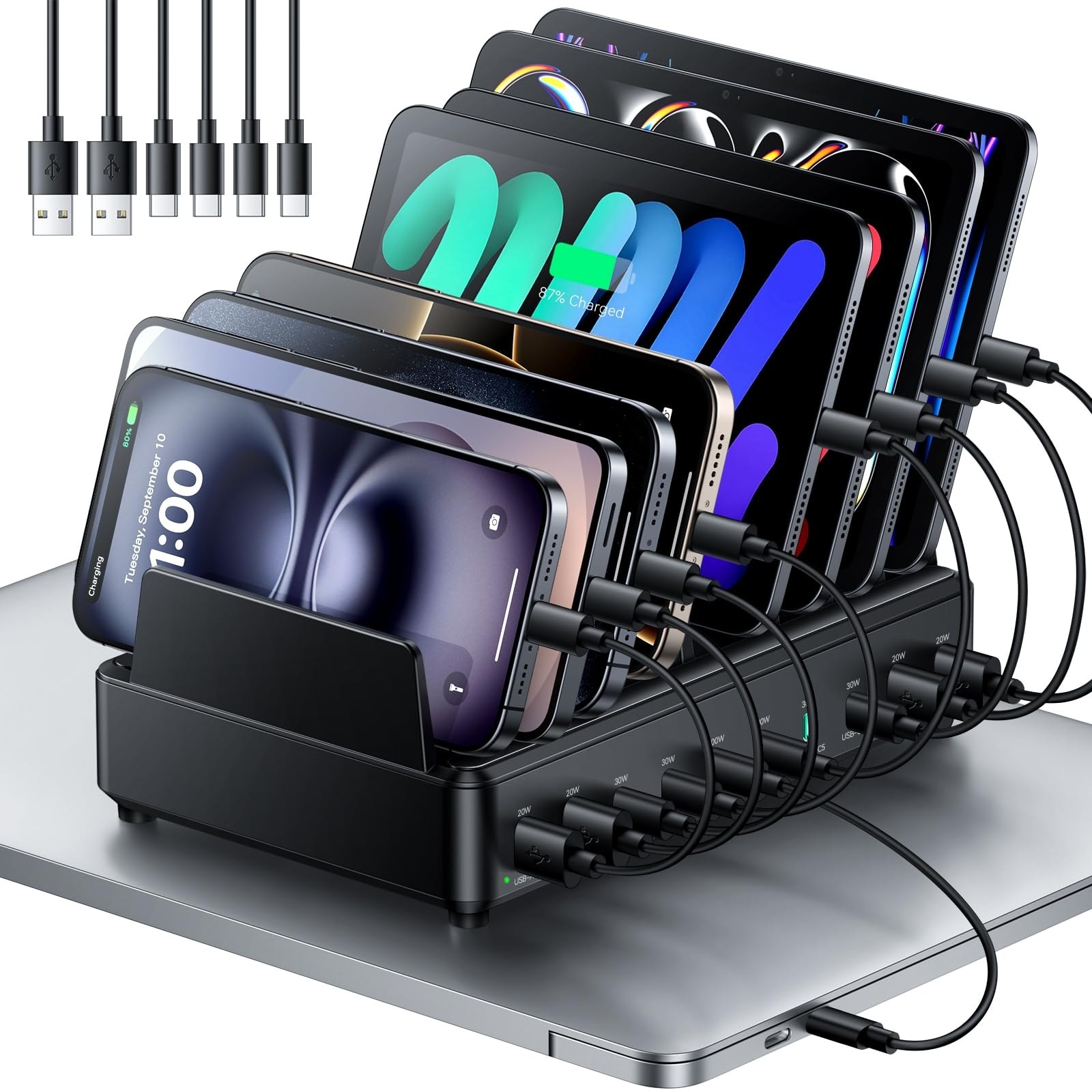 Oyezvary 10 Port 400W Charging Station with Dual 100W USB C PD Fast Charge 6 Mixed Cables Multi Device Organizer for Phones Tablets Laptops 1 Set #LOZ0429F08