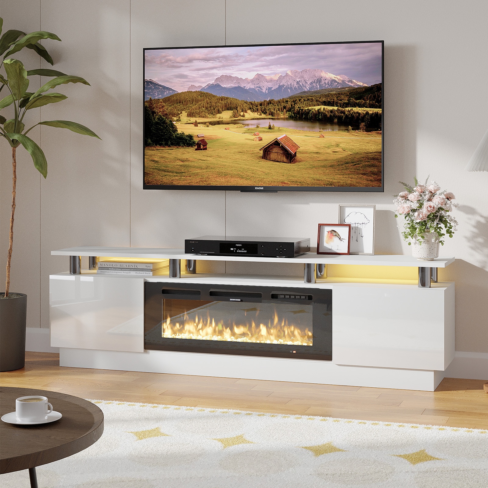 Bapipro TE29A14BW 70-in W White TV Stand with Infrared quartz Flat wall Electric Fireplace with Remote Control Included