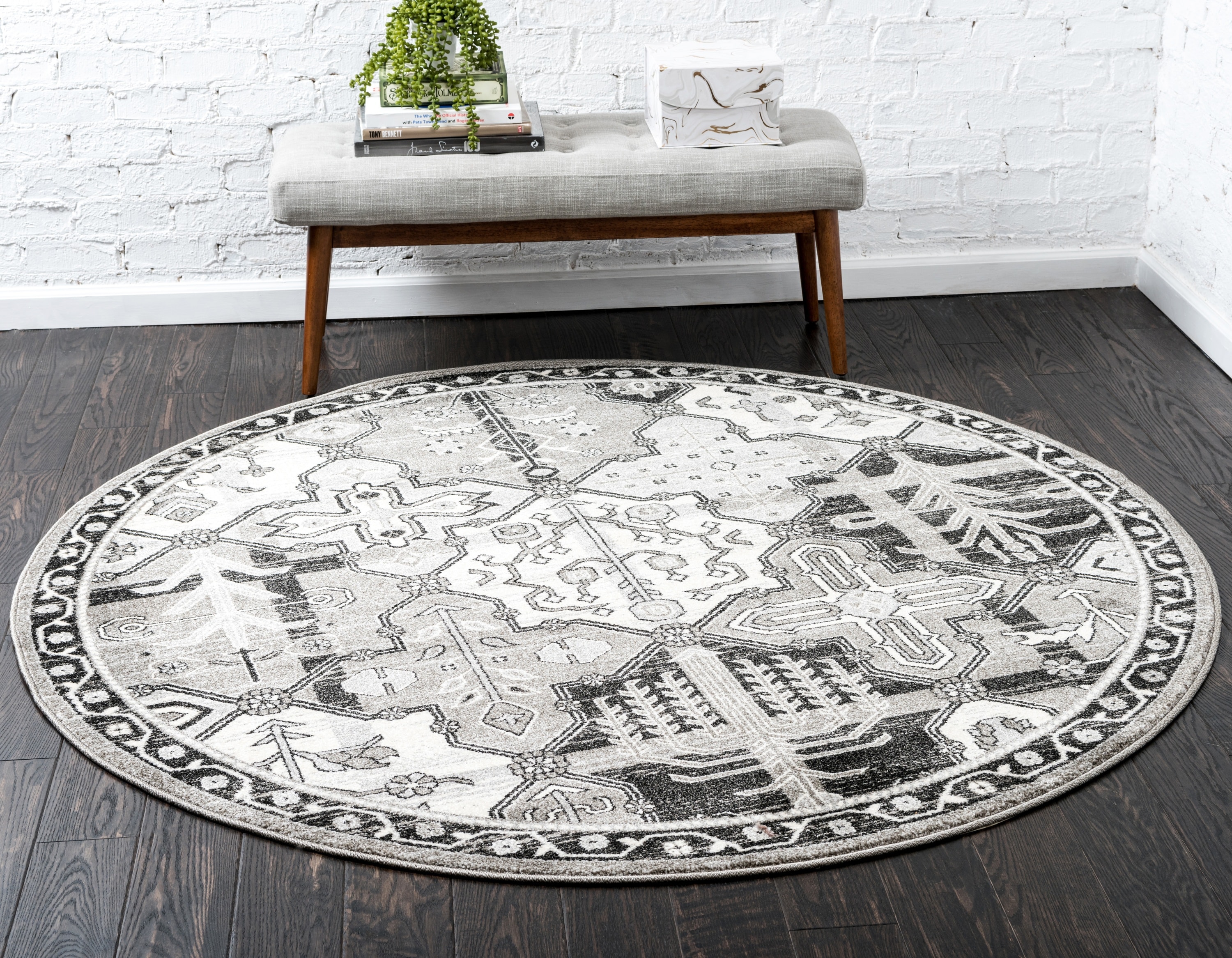 Unique Loom 3119374 Cathedral La Jolla 8 x 8 (ft) Loomed Polypropylene Gray/Ivory Round Indoor Geometric Bohemian/Eclectic Area rug