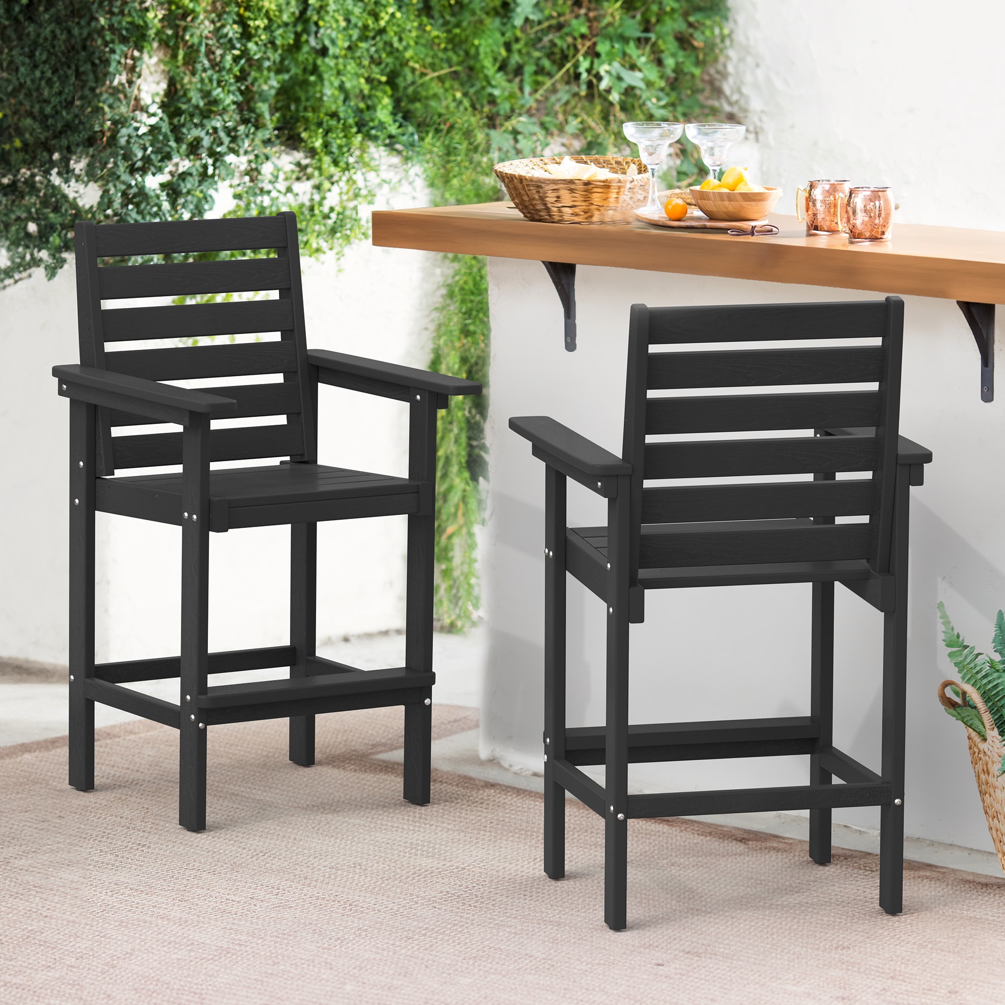 LUE BONA 2LB23DC0008-100LS Set of 2 Black HDPE Frame Stationary Bar Stool Chair with Slat Seat