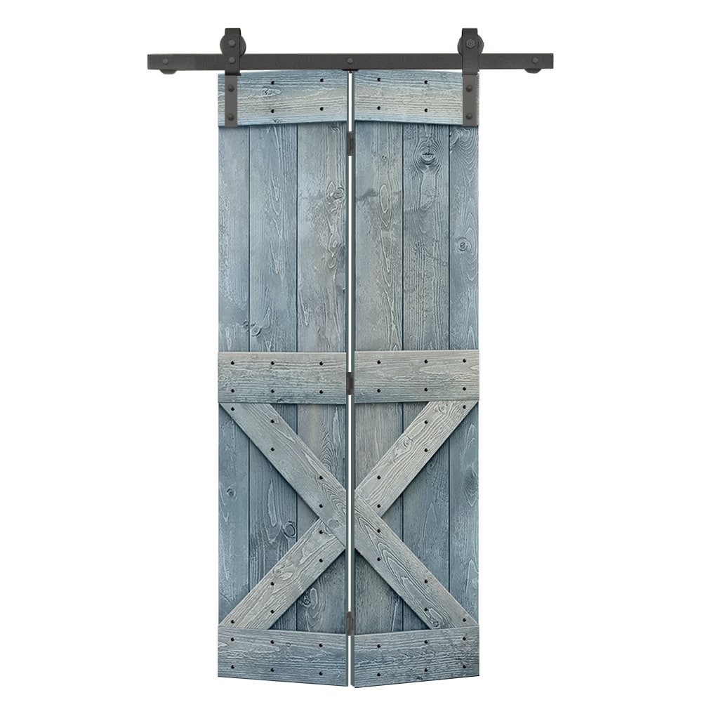 CALHOME BF1100S+011-32L 32-in x 84-in Denim Blue X-frame Pine Wood Solid core Single bifold Barn Door (Hardware Included)