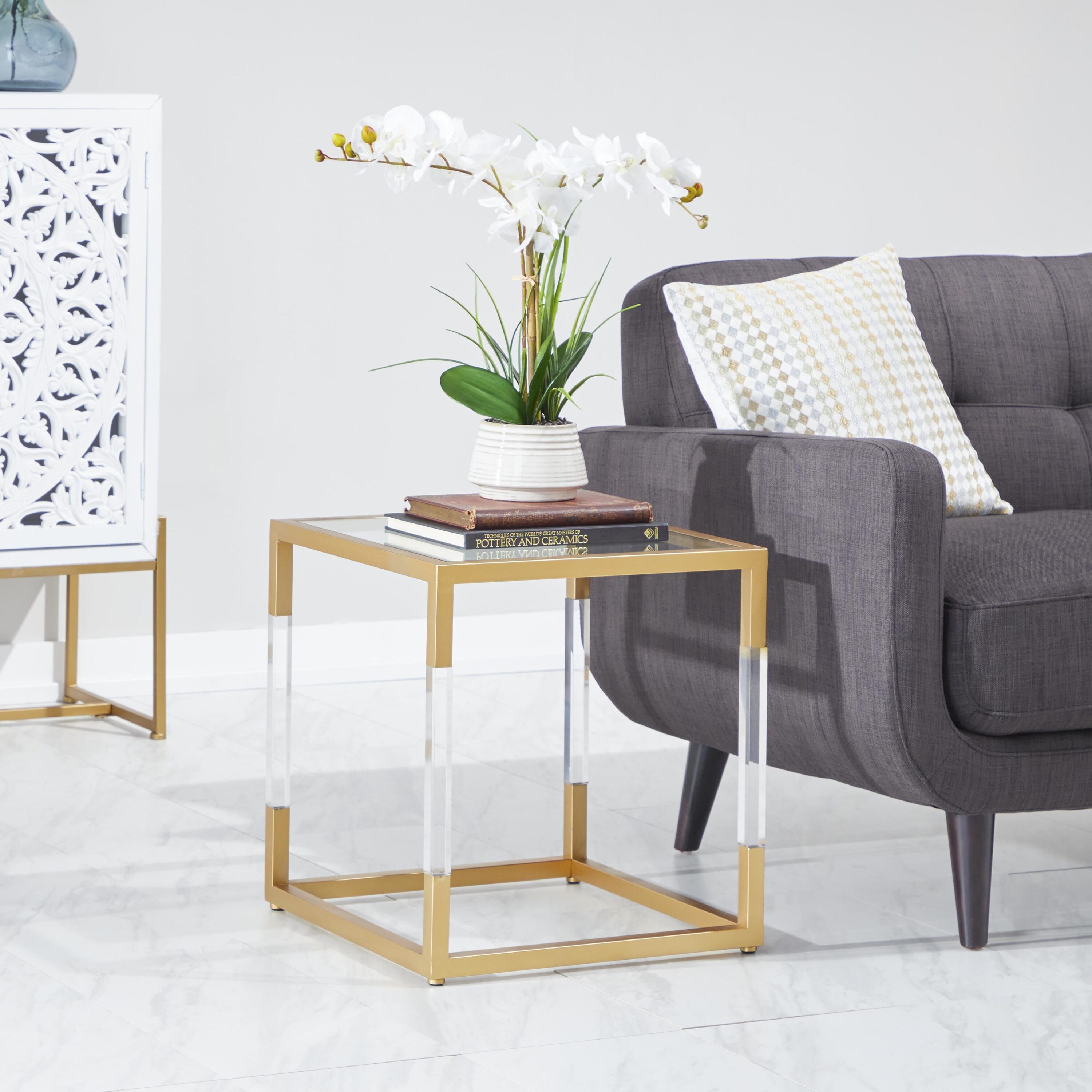 Grayson Lane 56932 19-in W x 20-in H Gold with Clear Glass Top and Acrylic Legs Glass Square Modern End Table