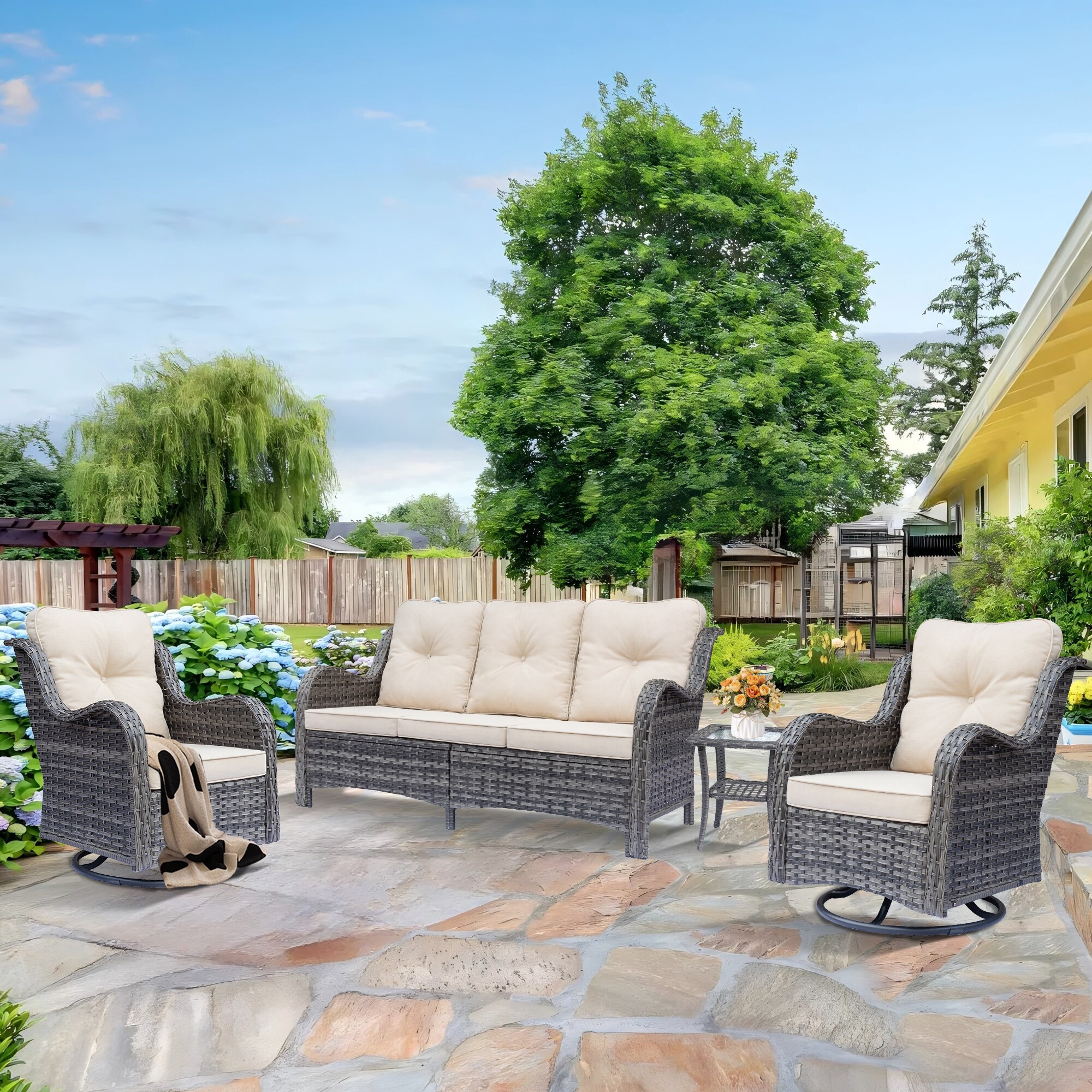 DWIOM 4-Piece Grey Wicker Outdoor Patio Conversation Set with Beige ...