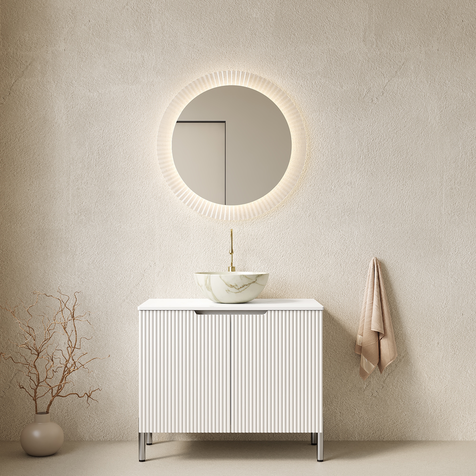 LUXEYARD TURIO 30 Bathroom Vanity With Sink Freestanding Bathroom Storage Cabinet With 2 Doors White Bowl Ceramic Basin With Stone Pattern Carrara White Artificial Marble Top No Faucet White Color
