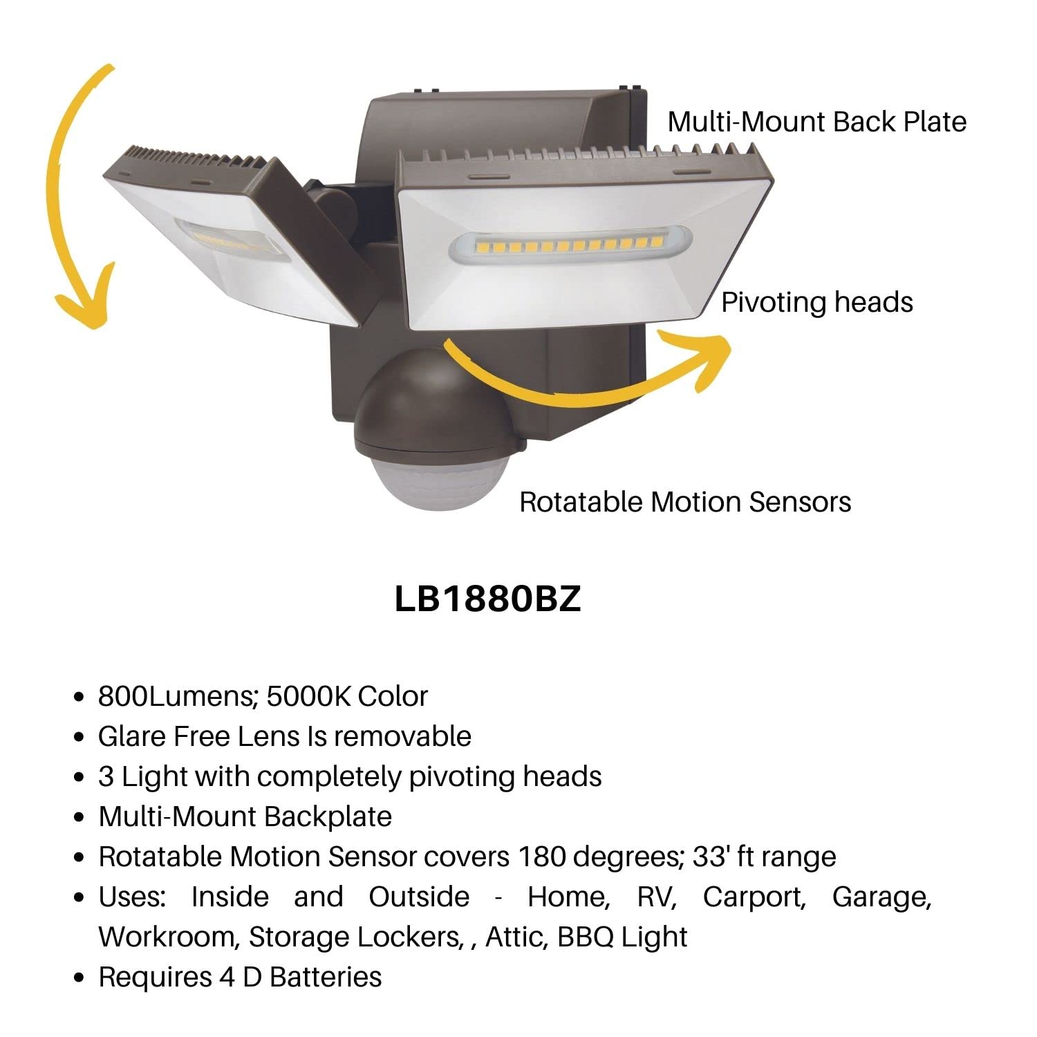 IQ America LB-1880-BZ 800-Lumen Battery Motion Security Flood Light ...