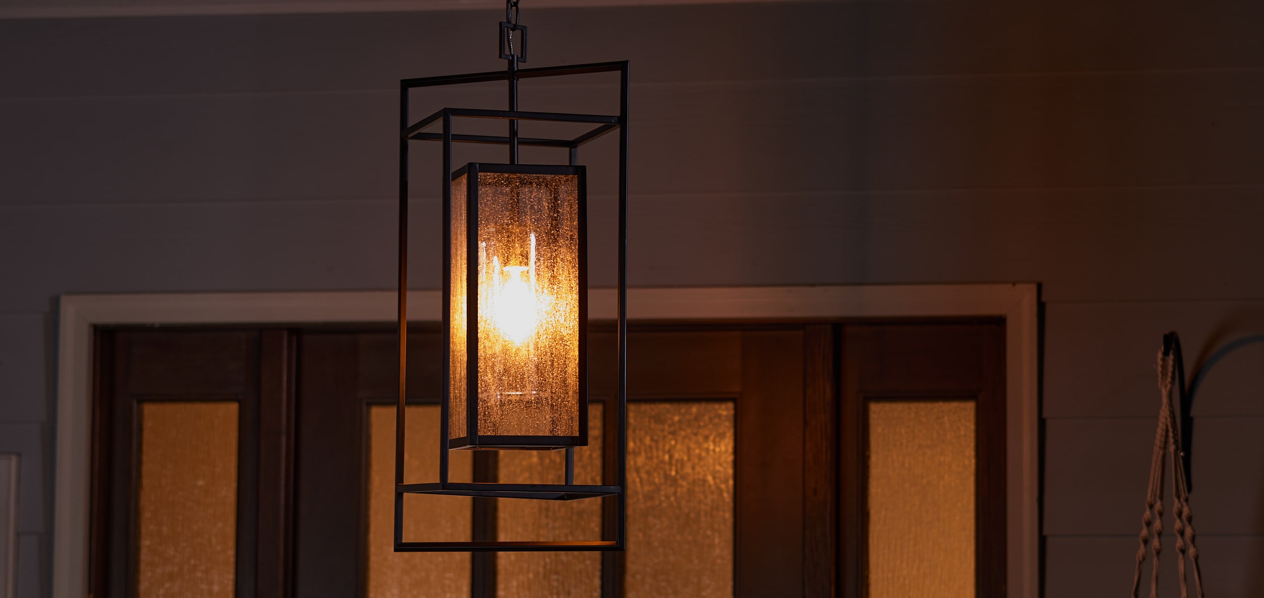 Matte Black Seeded Glass Outdoor Hanging Pendant Light