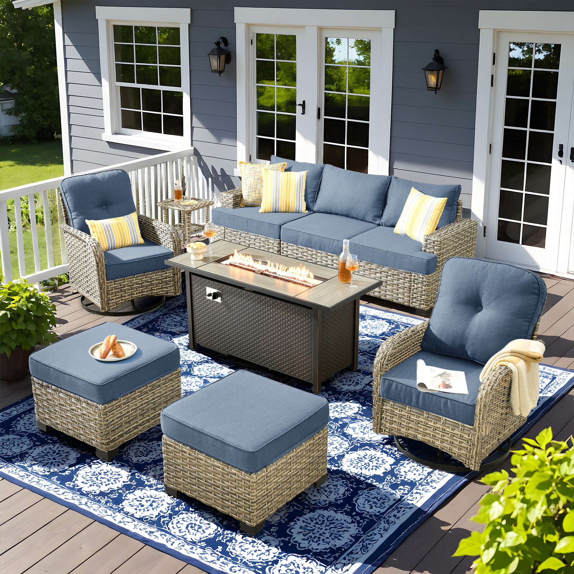 Pouuin SDFPVYZBS506 8 -Piece Wicker Patio Sofa Conversation Set with Light Blue Cushions