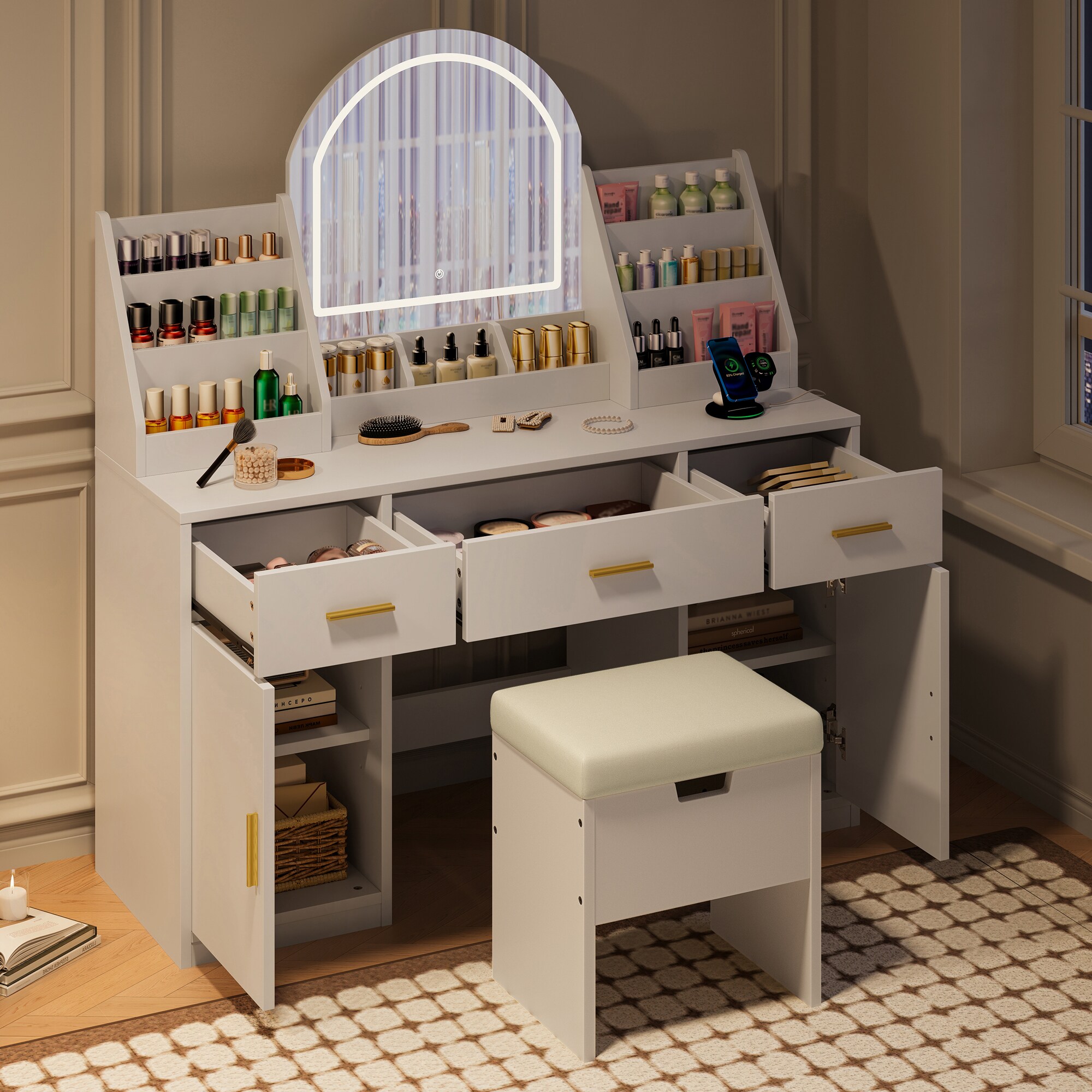 ModernLuxe L3P-N704P331024K 47.2inch Makeup Vanity with Mirror and Light Vanity Desk with Cushioned Storage Stool Dressing Table with Two Organizers3 Drawers and 2 Cabinets for Bedroom White