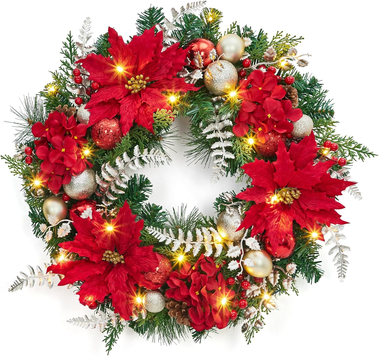 Qeetex JXNAG-PHK-34PYQPBN Pre-Lit Christmas Wreath for Front Door 24 Inch Large Xmas Wreath for Holiday Decor Battery Operated Xmas Lighted Wreath with Flower Ball Ornaments and 20 LED Lights for Fireplace Window