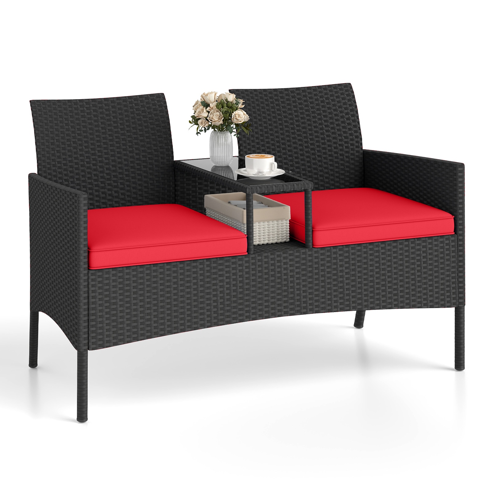 Slickblue - Rattan Outdoor Patio Loveseat with Integrated Coffee Table Two Tier Storage and Cushi...