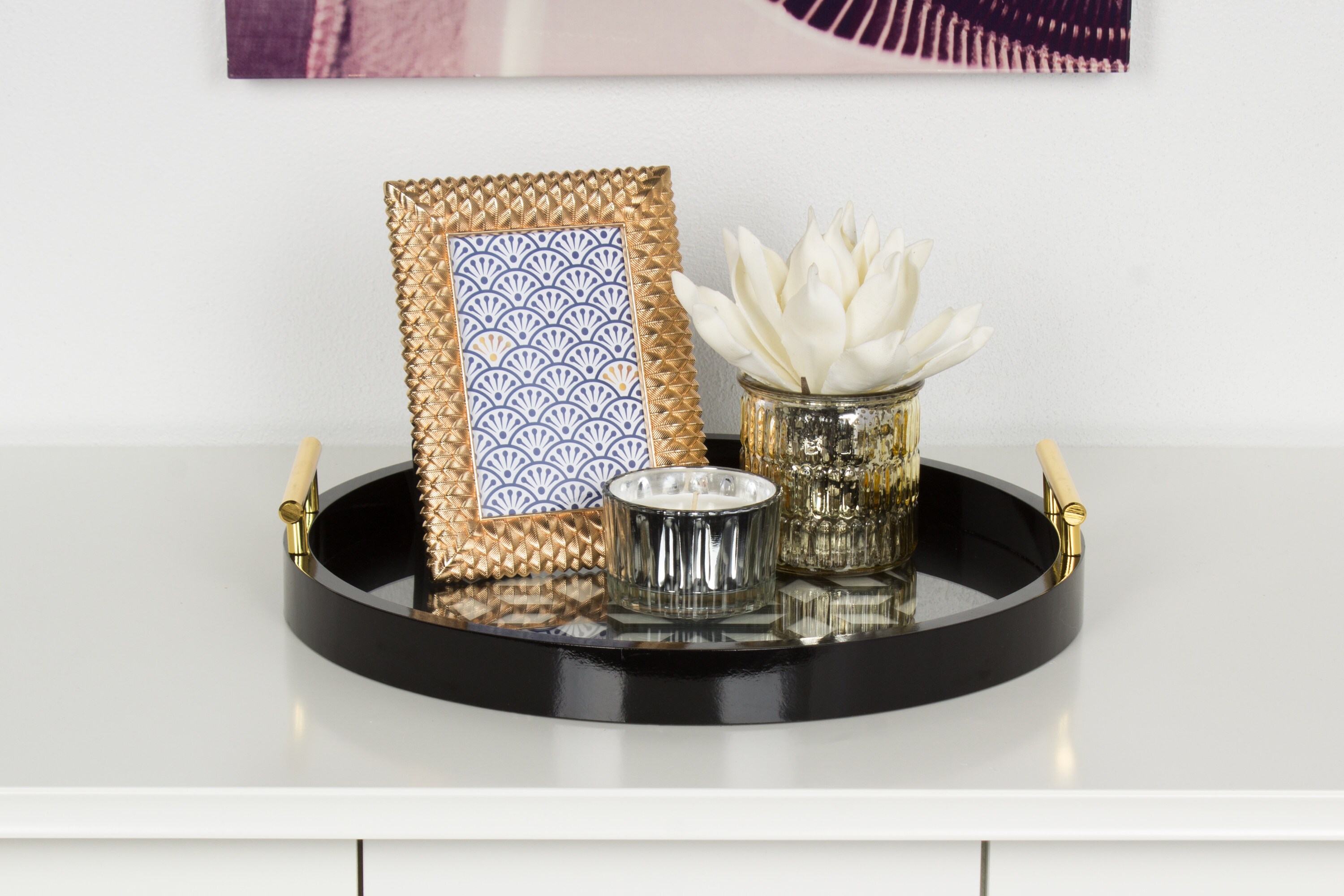 Caspen Round Black Glass Decorative Tray with Gold Handles
