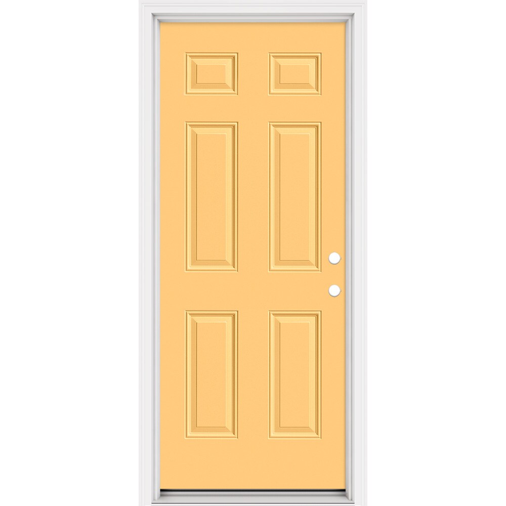 Masonite 321081 Steel Doors Series 32-in x 80-in x 4-9/16-in Steel No glass Left-hand inswing Cabana Yellow Painted Prehung Front Door with Brickmould Insulating core