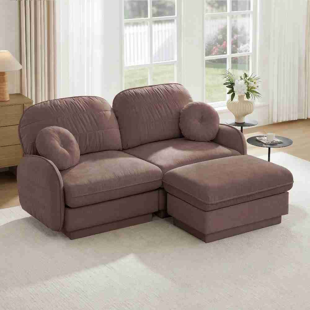 Coolbibila Cloud Style Loveseat Sofa with Ottoman Rose Dust Chenille Couch with 2-Layer Frame and Pillows