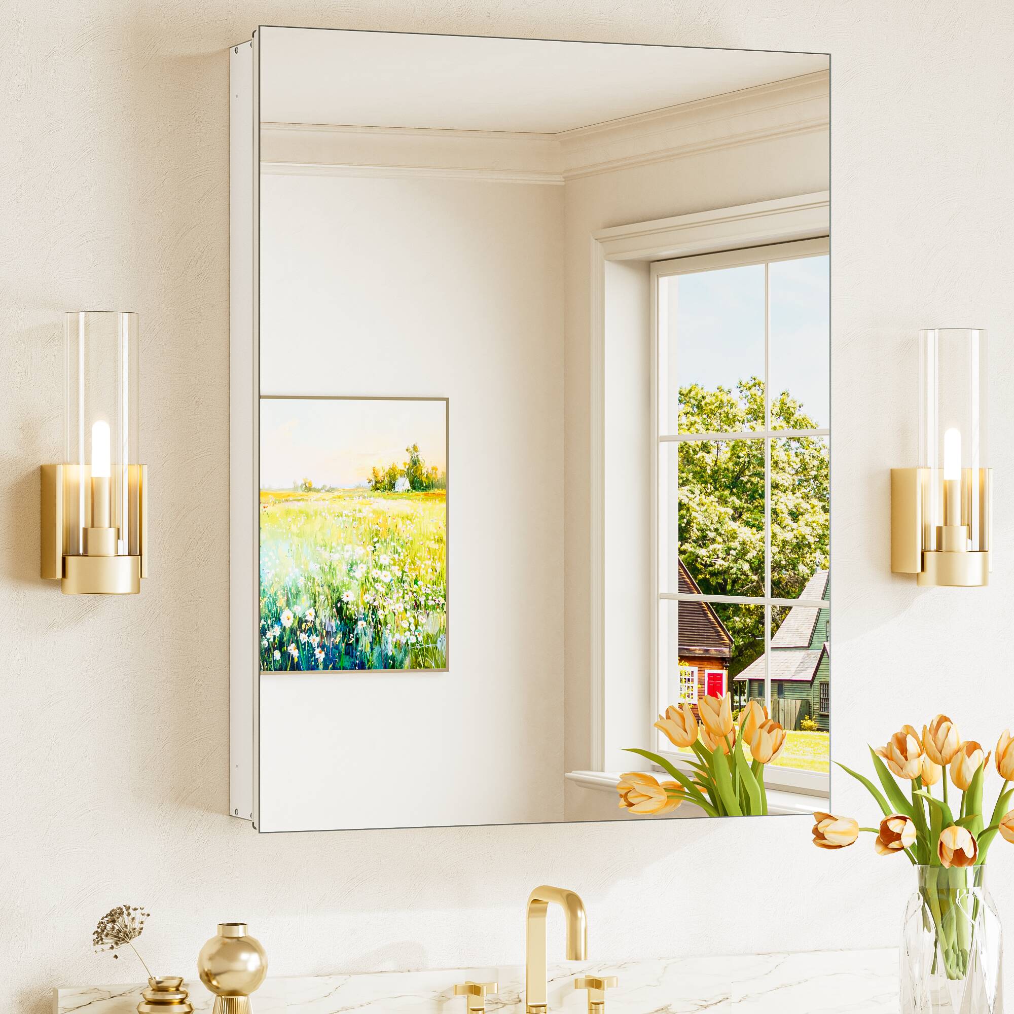 Keonjinn LW-JG-FXFJP-6181-WH Medicine Cabinet Mirror 24-in x 32-in Surface/Recessed Mount White Mirrored Rectangle Soft Close Medicine Cabinet