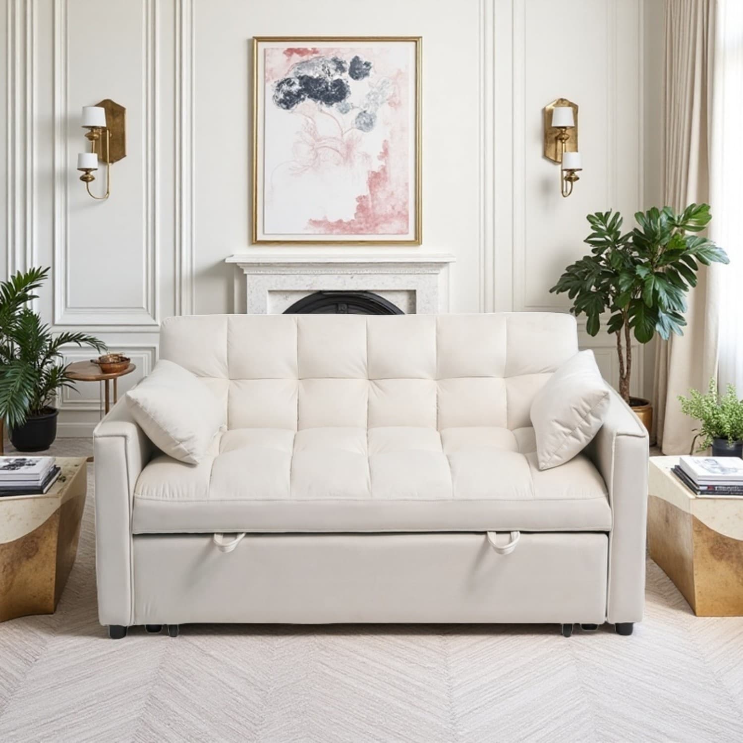 Tatayosi JL281697 Sleeper Sofa Bed 3-in-1 Velvet Variable Pull Out Couch with Armrests Storage Pockets and 2 Pillows Adjustable Backrest Sofa Bed Couch for Living Room and Bedroom