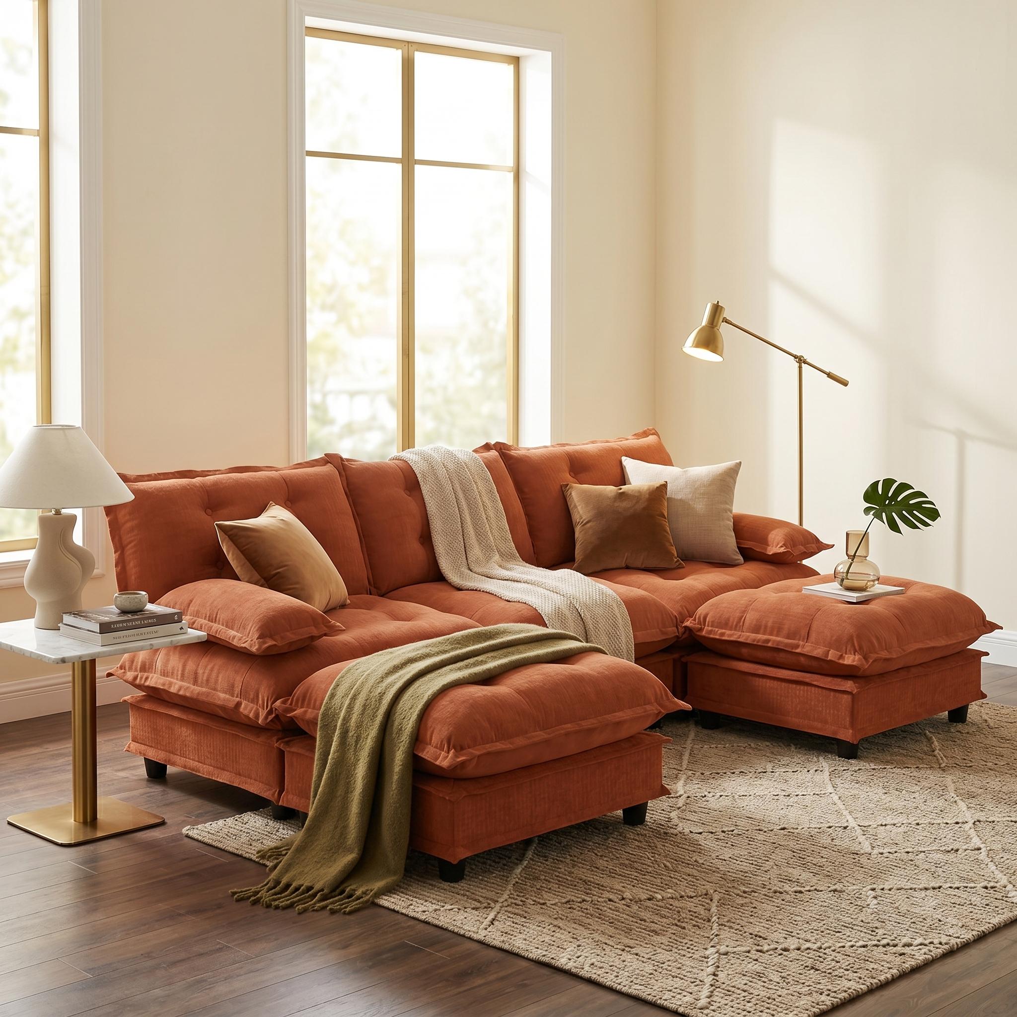 Homy Casa CHILL 138-in W Chenille Modular Sectional Sofa with 2 Ottomans 4 Seat Cloud Couch Orange